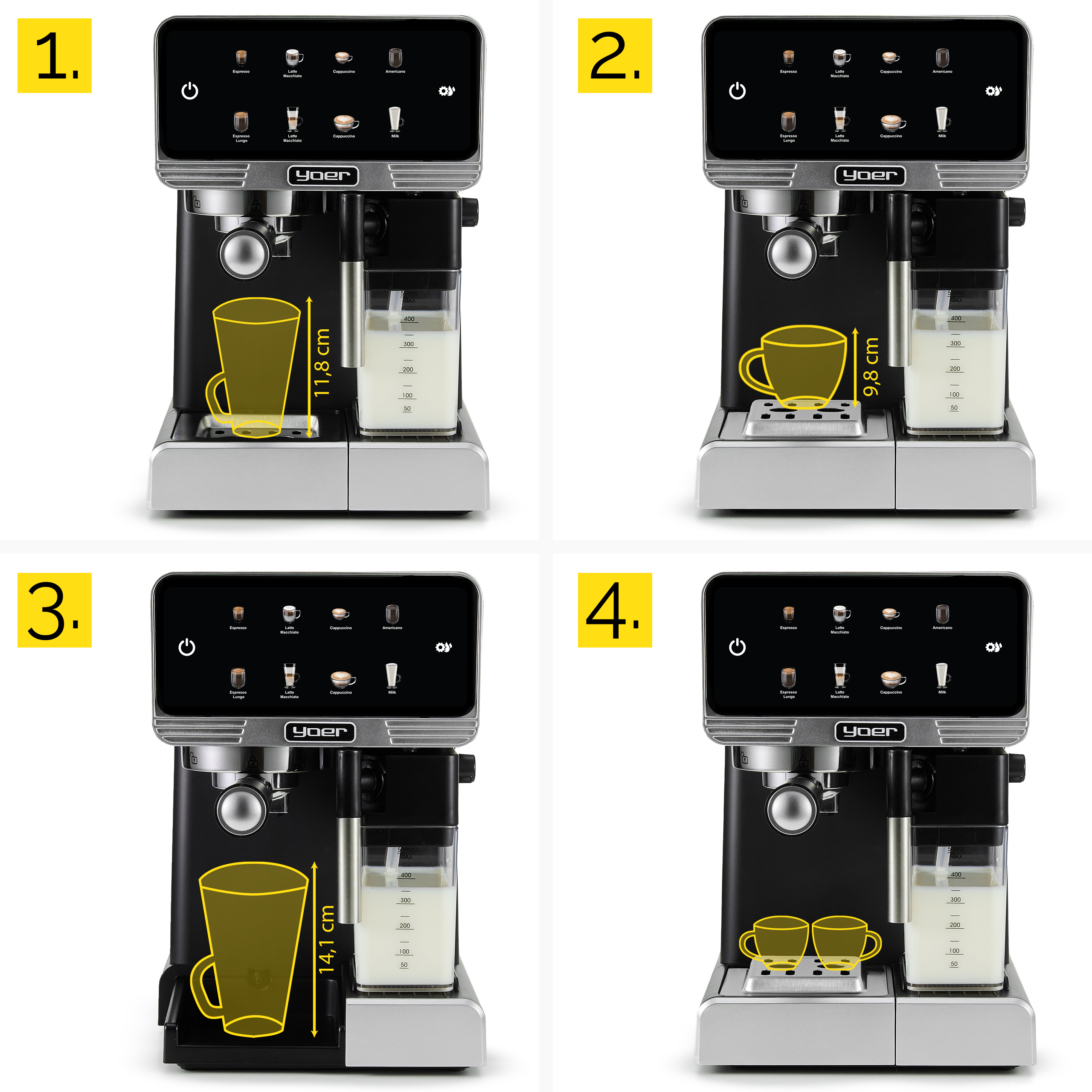 Ekspres do kawy z ekranem dotykowym i pojemnikiem na mleko. Pokazuje rozmiary filiżanek.