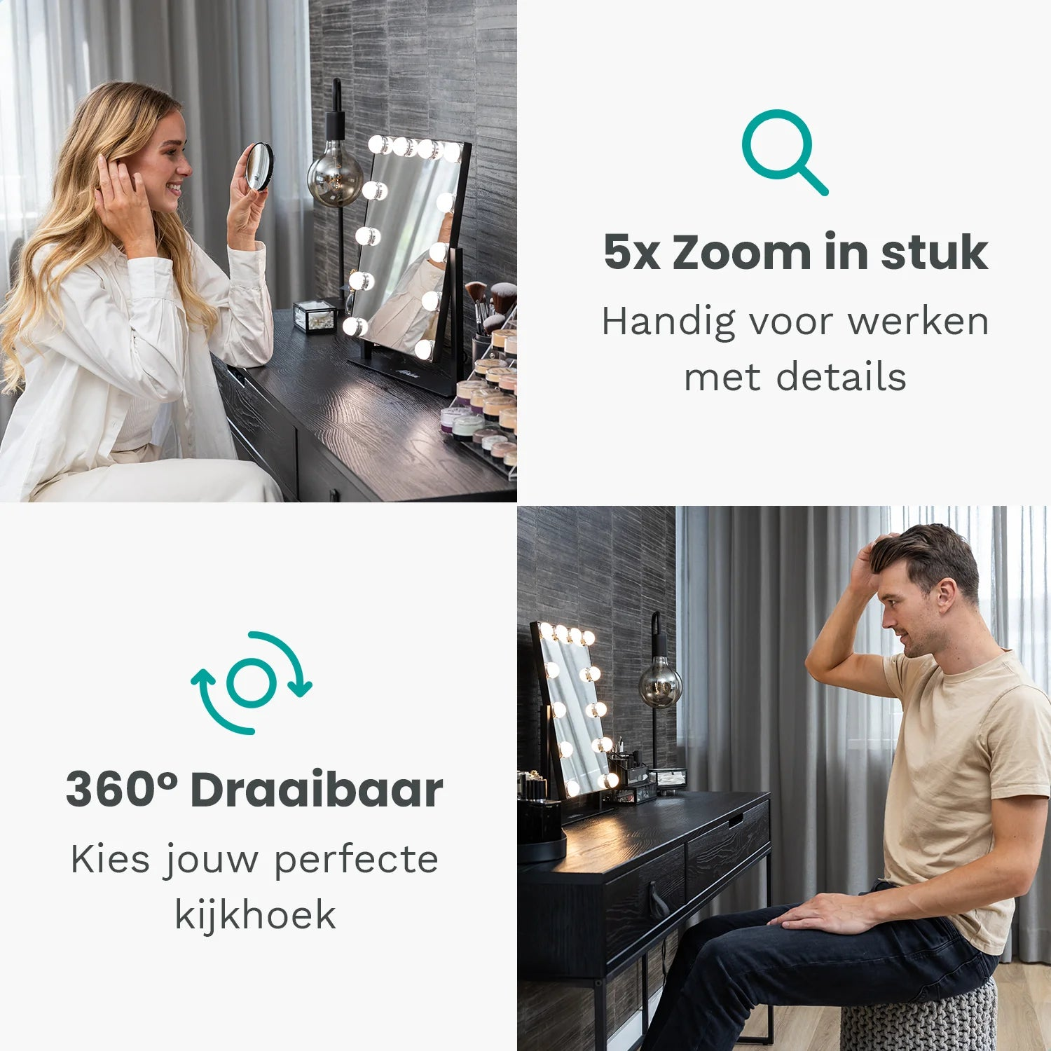 A woman looks in a mirror. Makeup table with mirror and lights. A man adjusts his hair next to it. Text: 360° and 5x zoom.