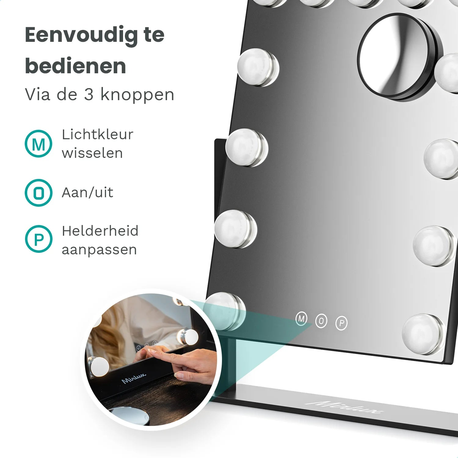 A makeup mirror with lights and controls, with a hand touching the mirror's controls, and text explaining the functions.