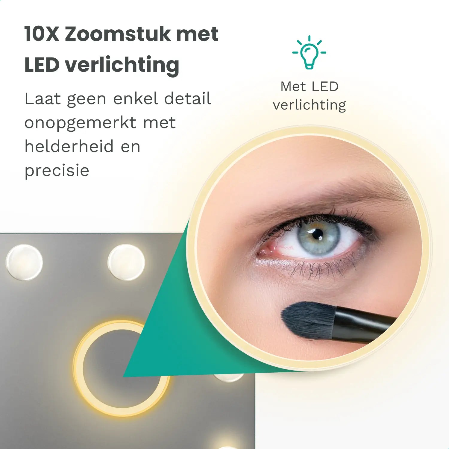 Close-up van een oog met een make-up kwast. Een heldere lichtring en verschillende kleinere lichten op de achtergrond.