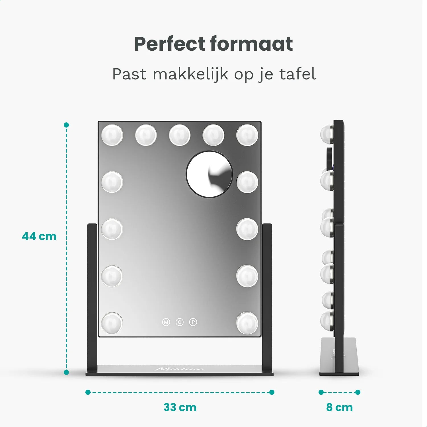 A makeup mirror with lights is shown, with dimensions labeled. Text reads 'Perfect formaat' and 'Past makkelijk op je tafel'.