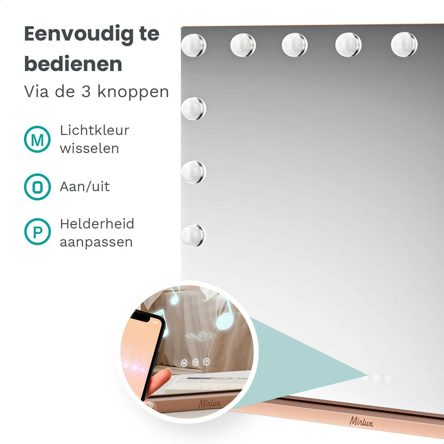 Een spiegel met lampjes, bedieningselementen en een telefoon. Tekst zegt 'Eenvoudig te bedienen'. De spiegel is onderaan roségoud.