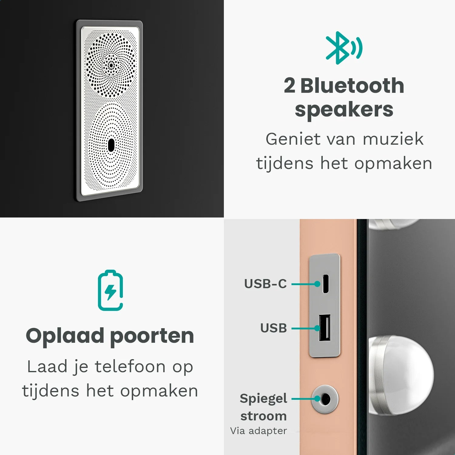 Afbeelding toont productkenmerken: 2 Bluetooth-luidsprekers, oplaadpoorten en USB-poorten voor spiegelstroom.
