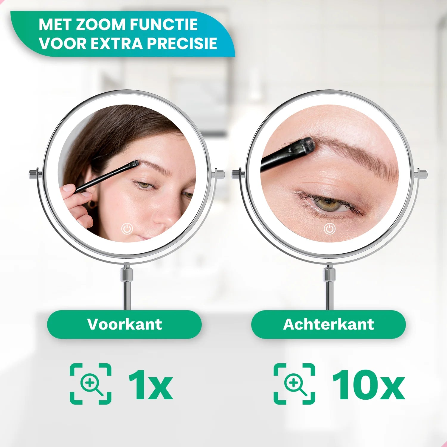A woman is using a makeup brush on her eyebrow in a lighted mirror. The image shows front and back views with different magnifications.