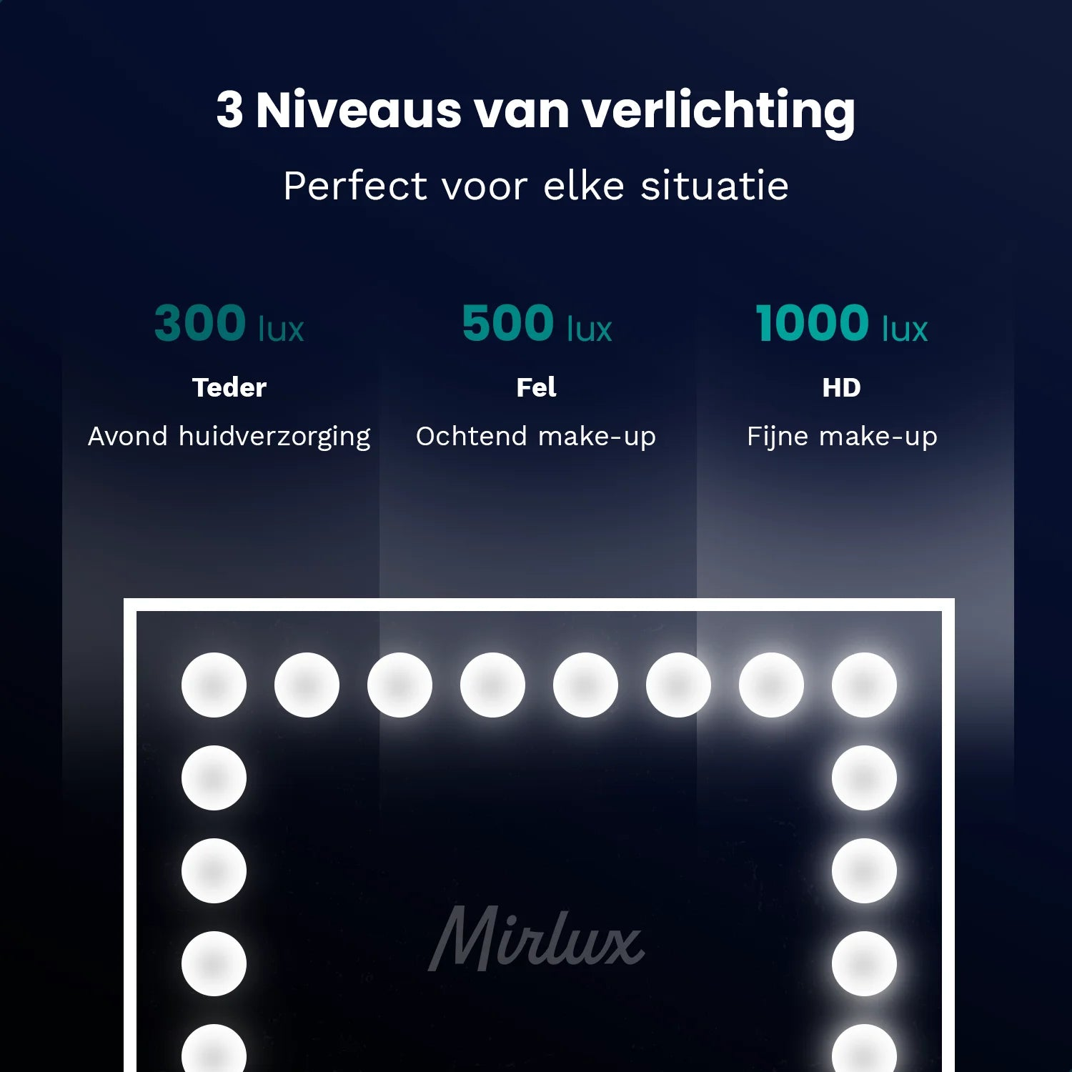 Een verlichte spiegel met drie helderheidsinstellingen: 300 lux voor huidverzorging, 500 lux voor make-up en 1000 lux voor fijne make-up.