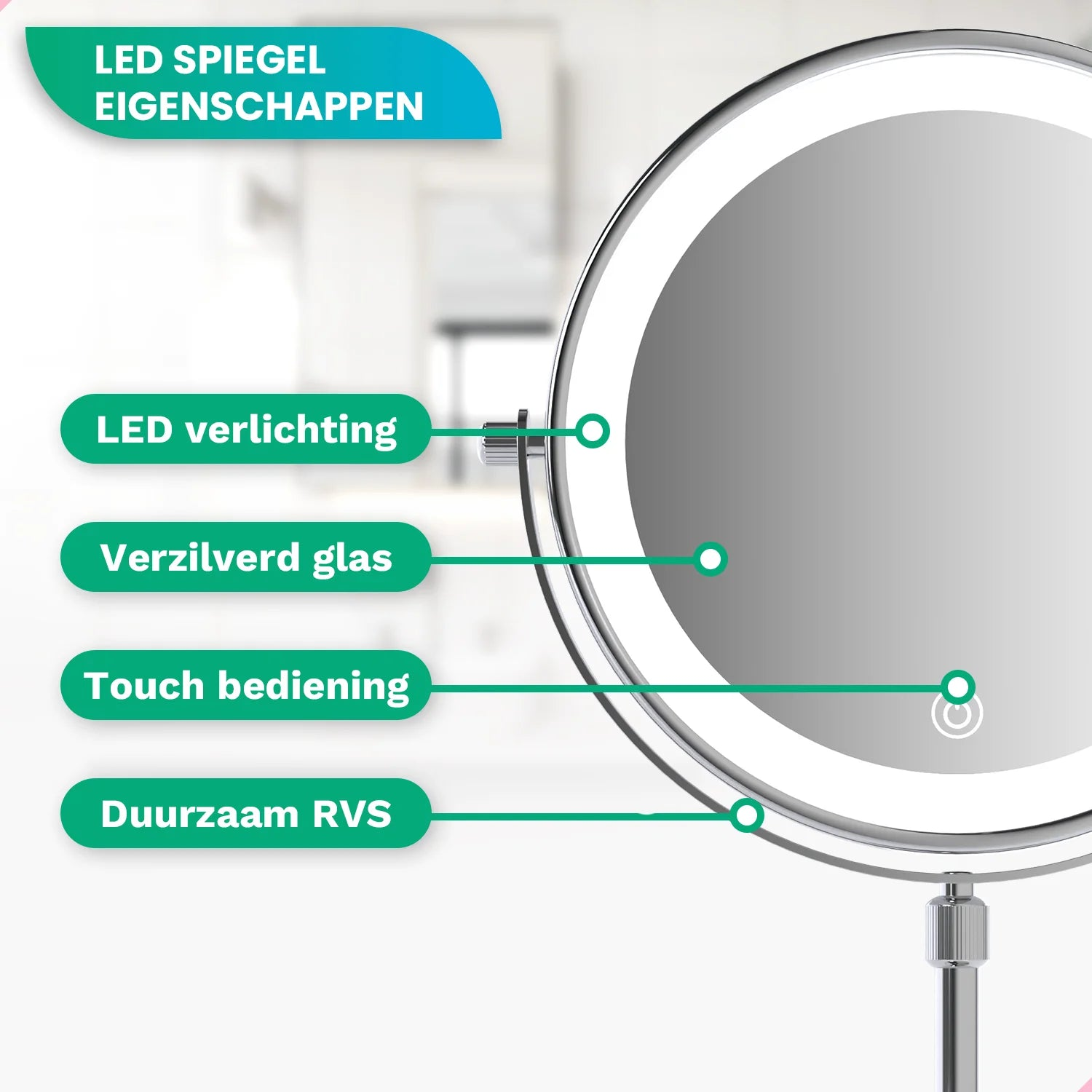 A close-up of a round LED mirror with features labeled: LED lighting, silvered glass, touch control, and durable stainless steel.