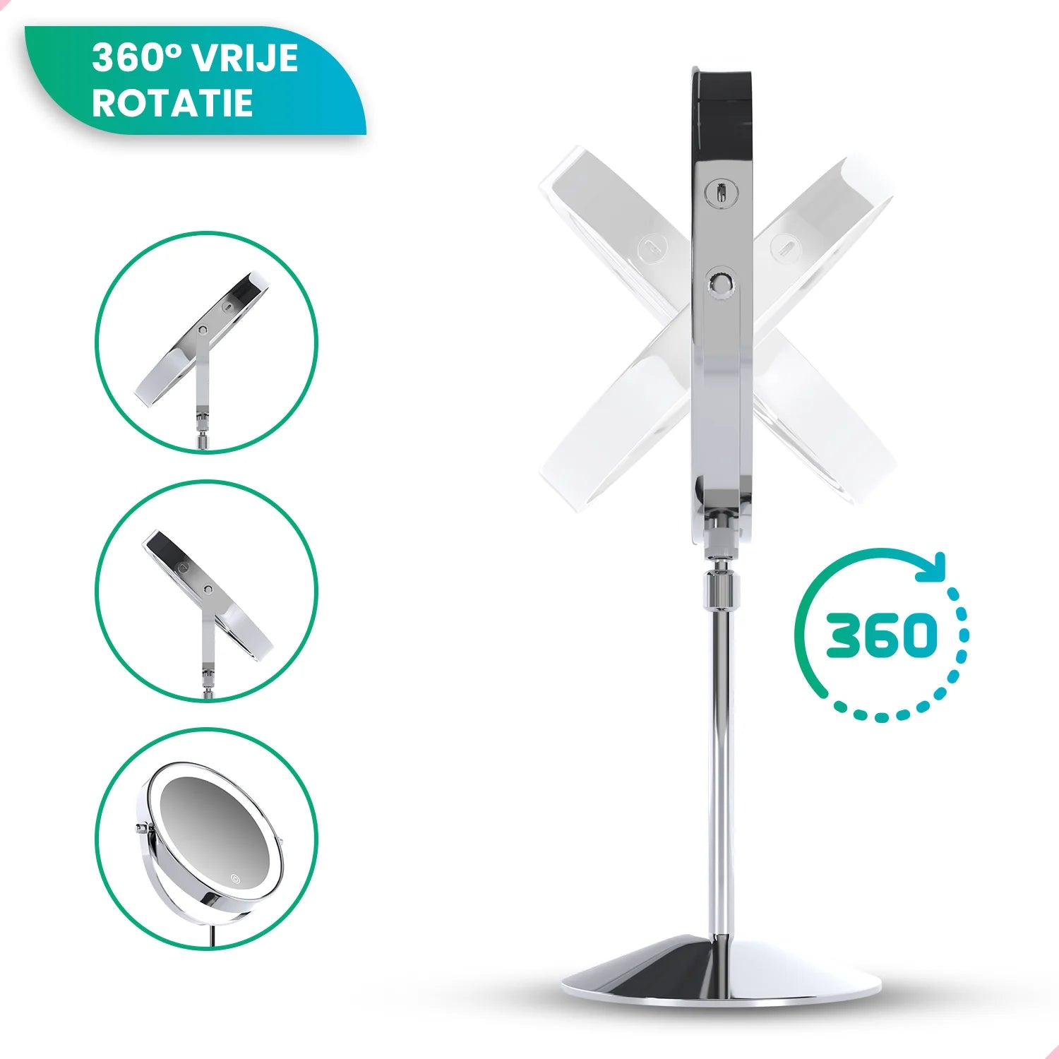 A silver, adjustable vanity mirror with a round base. It has a 360-degree rotation feature and LED lights. Several circular diagrams show mirror positions.