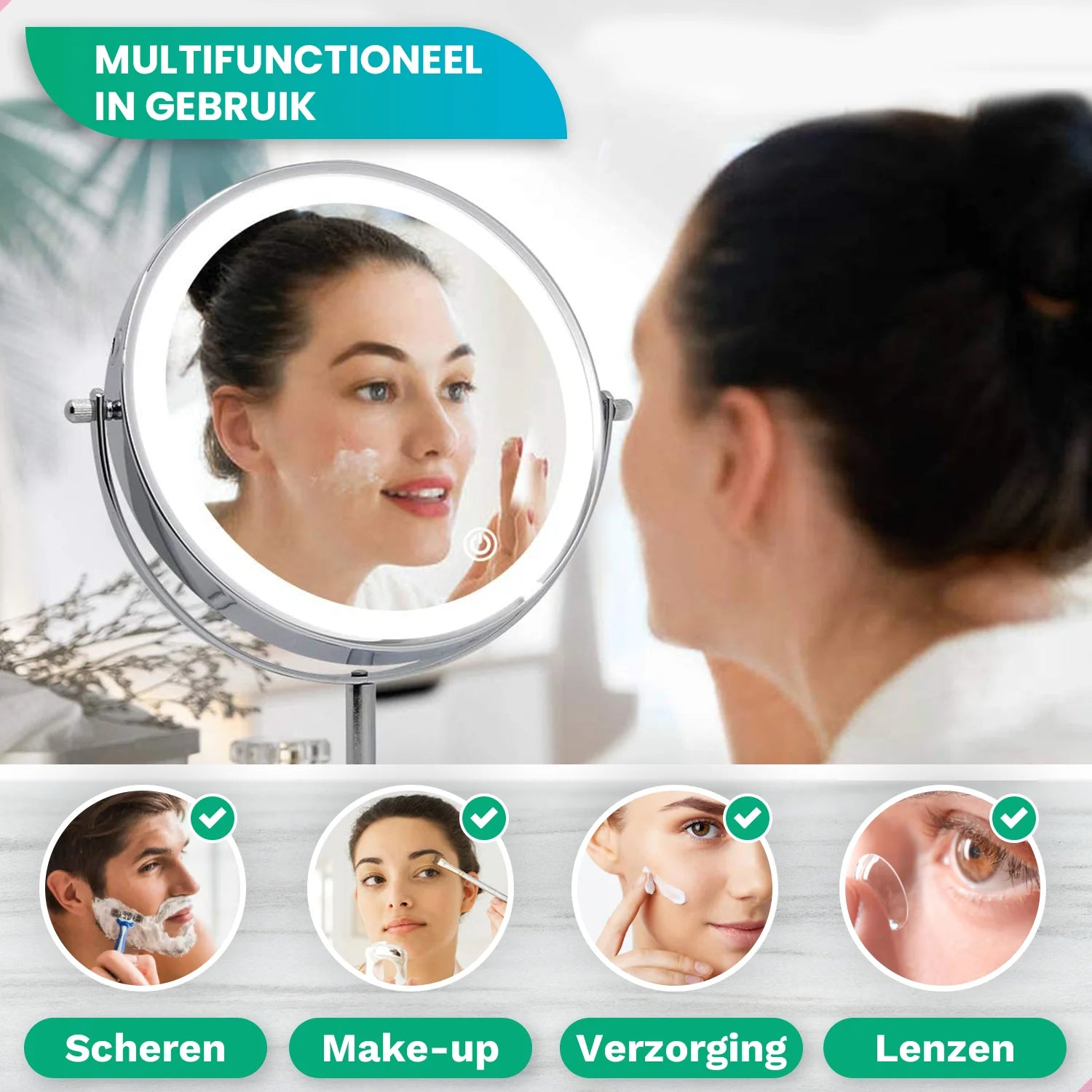 A woman applies cream to her face in a lighted mirror. The image shows four uses: shaving, makeup, skincare, and contact lenses.