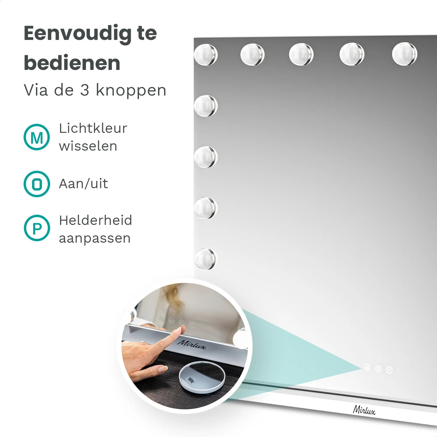 Een verlichte make-upspiegel met aanraakbediening. De afbeelding toont een hand die het oppervlak van de spiegel aanraakt. Tekst geeft licht, aan/uit en helderheid aan.