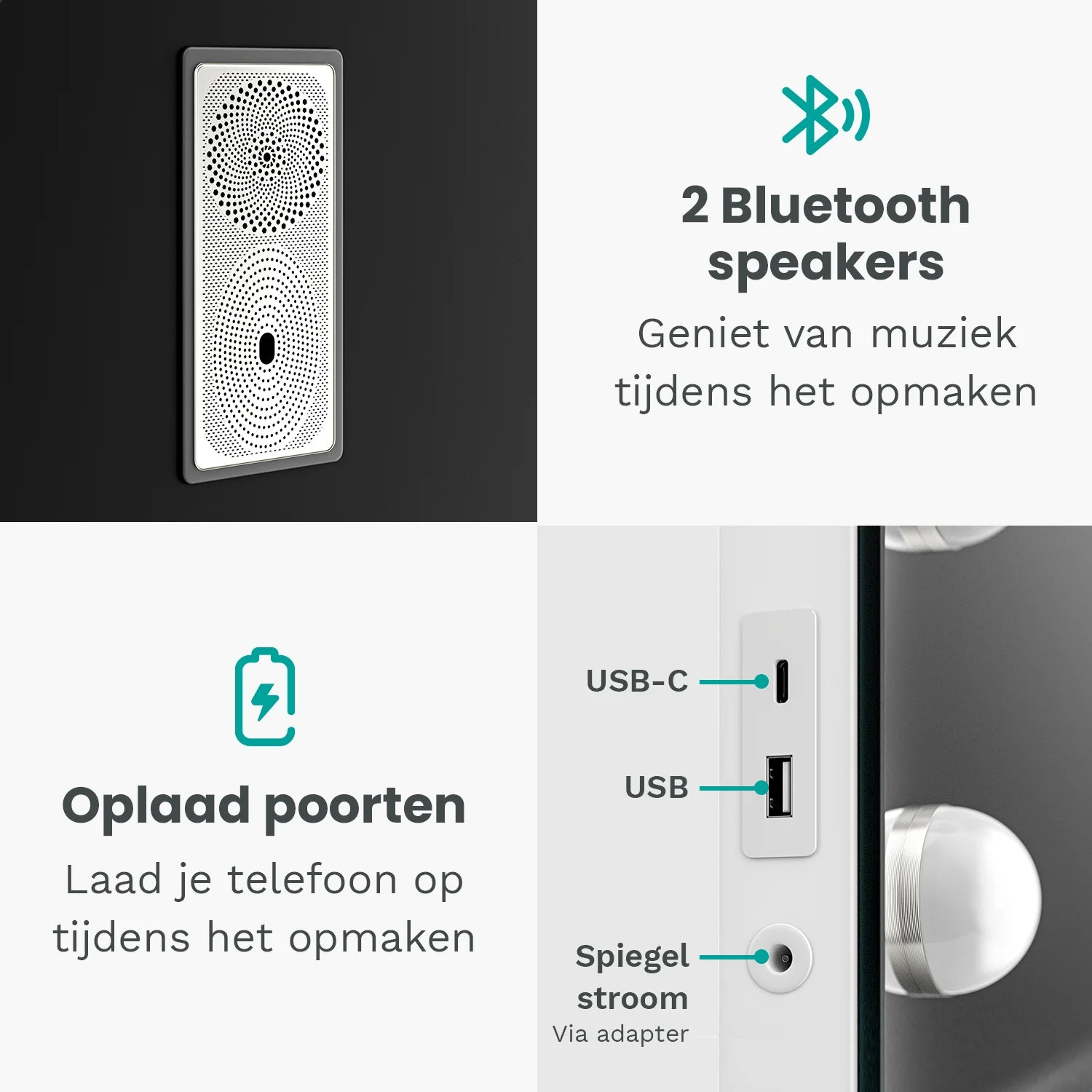 Afbeelding toont een spiegel met luidsprekers en oplaadpoorten. Tekst geeft Bluetooth-luidsprekers, oplaadpoorten en een voedingsadapter aan.