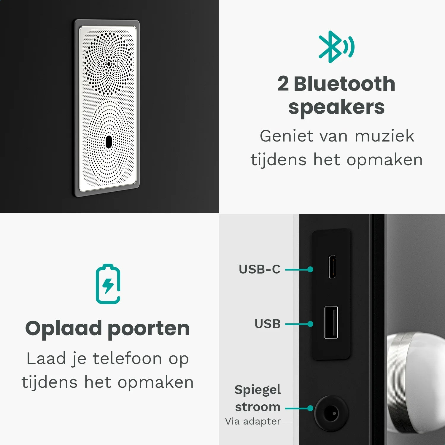 Een luidspreker met twee delen, Bluetooth-logo, oplaadpoorten, USB- en USB-C-poorten.