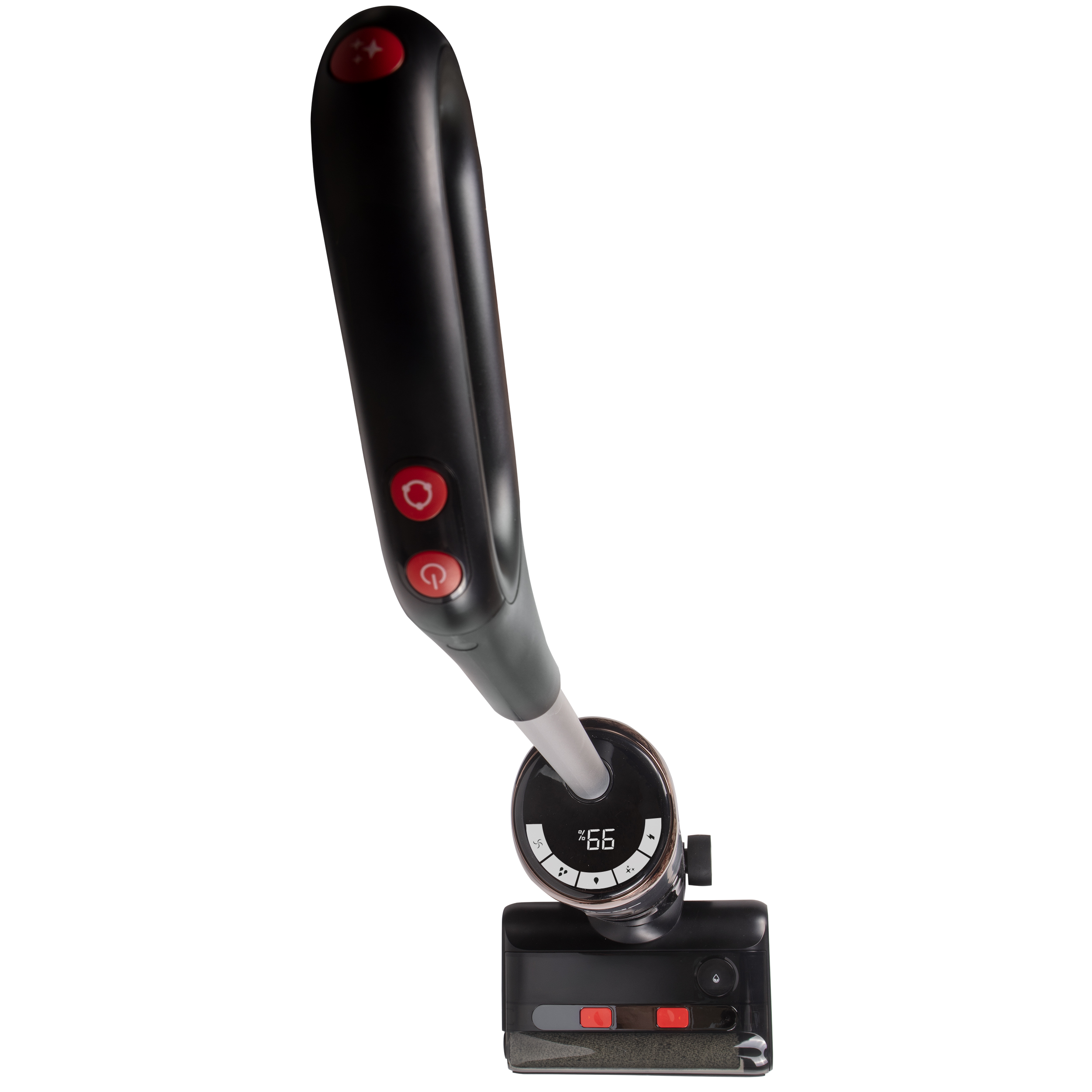 Czarno-szare urządzenie czyszczące z czerwonymi przyciskami i wyświetlaczem pokazującym 66. Posiada uchwyt i głowicę czyszczącą.