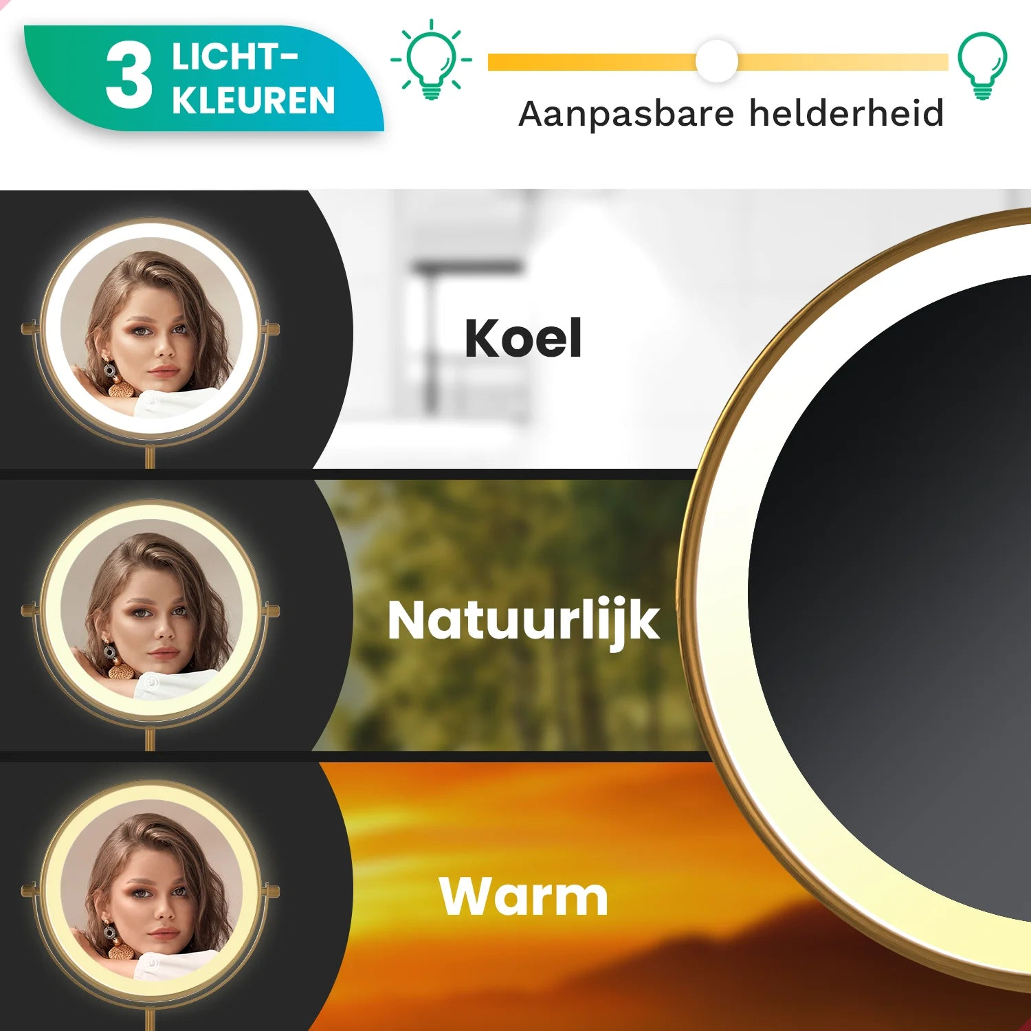 An advertisement shows three light color settings: cool, natural, and warm, each featuring a woman in a lighted mirror.