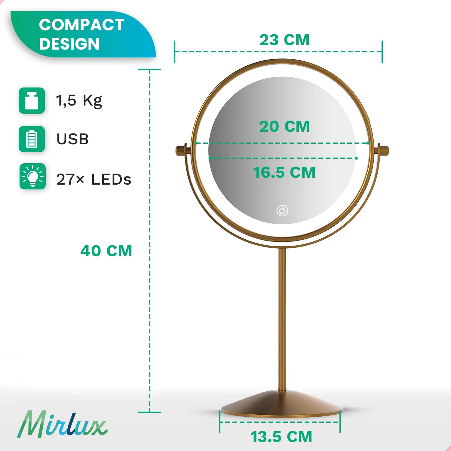 A gold-framed mirror with LED lights. Dimensions are indicated. Text: Compact Design, 1.5 Kg, USB, 27x LEDs, and Mirlux logo.