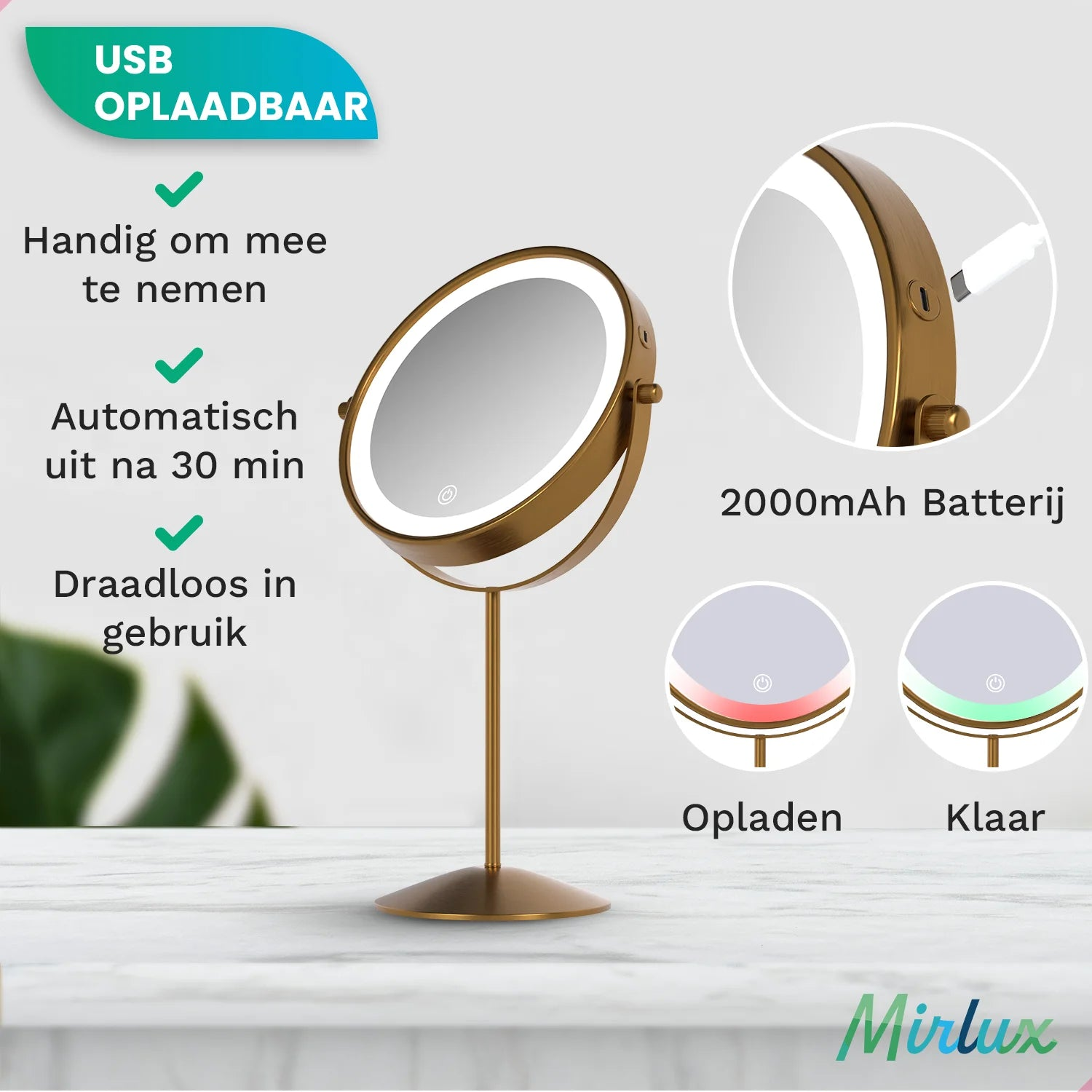 A gold-colored, round makeup mirror with a white light. It has charging and ready indicators, and USB charging capabilities.