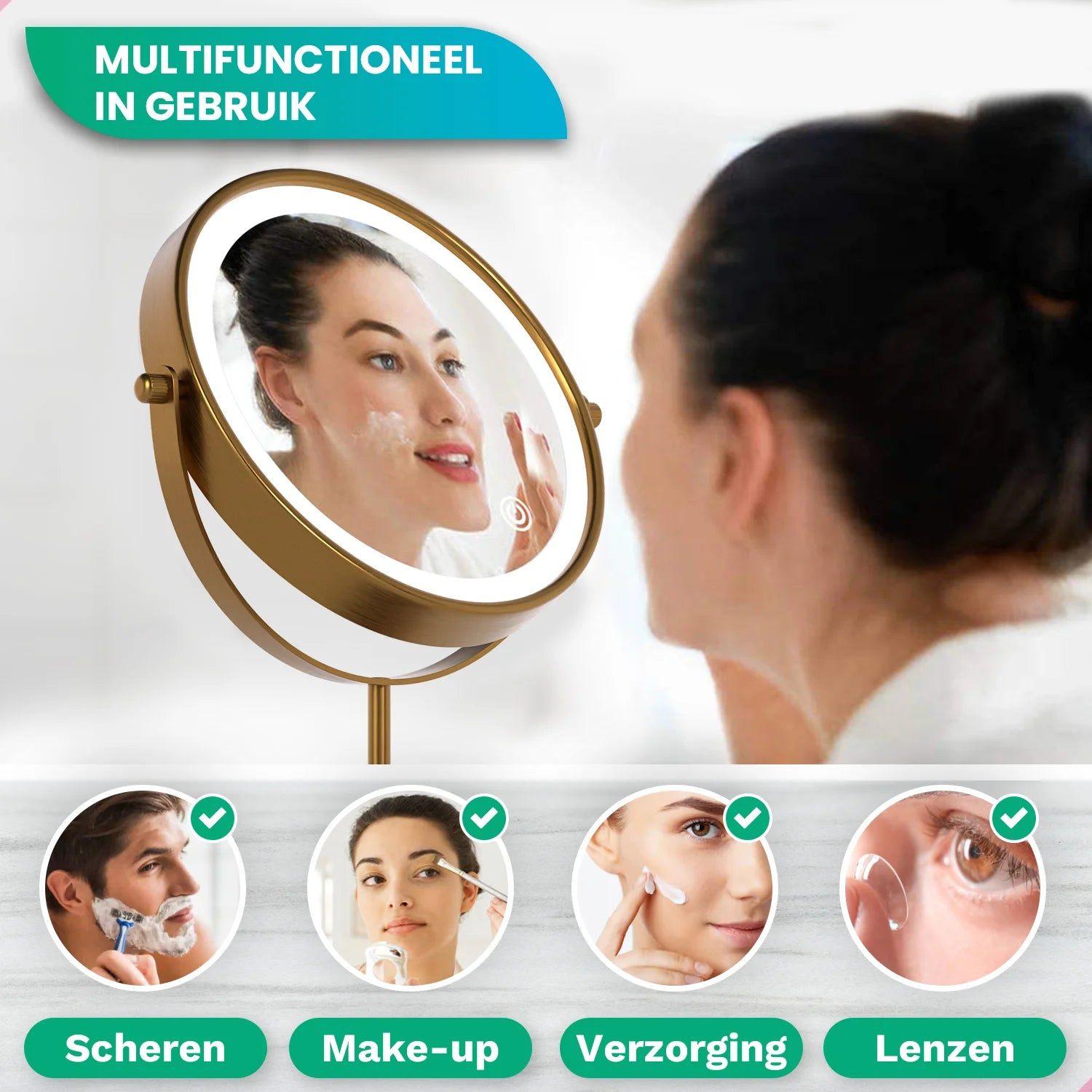 A woman applies cream, reflected in a mirror. Below, images show shaving, makeup, skincare, and lens use, each with a checkmark.