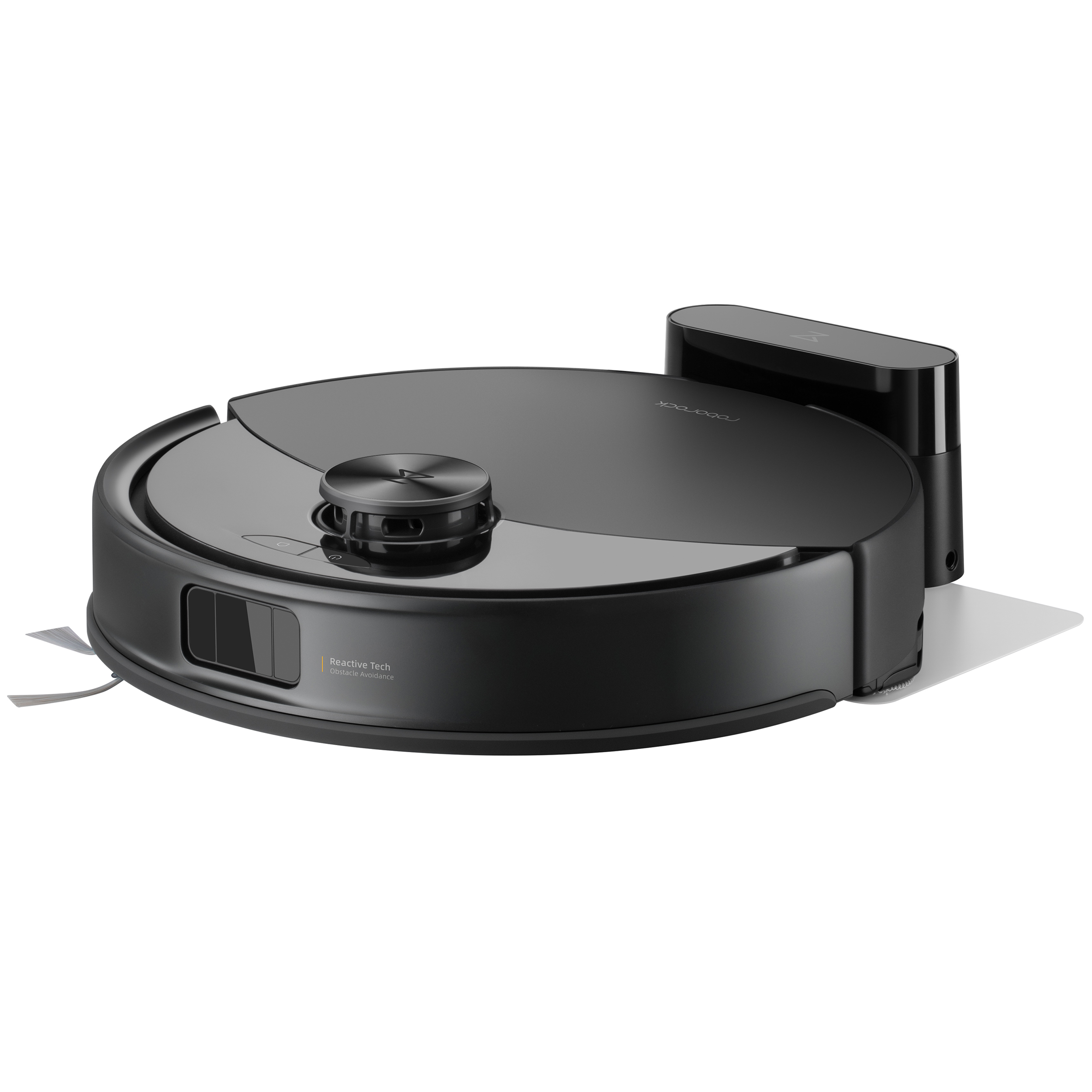 Czarny robot odkurzający z stacją ładującą na białym tle. Odkurzacz ma okrągły kształt.