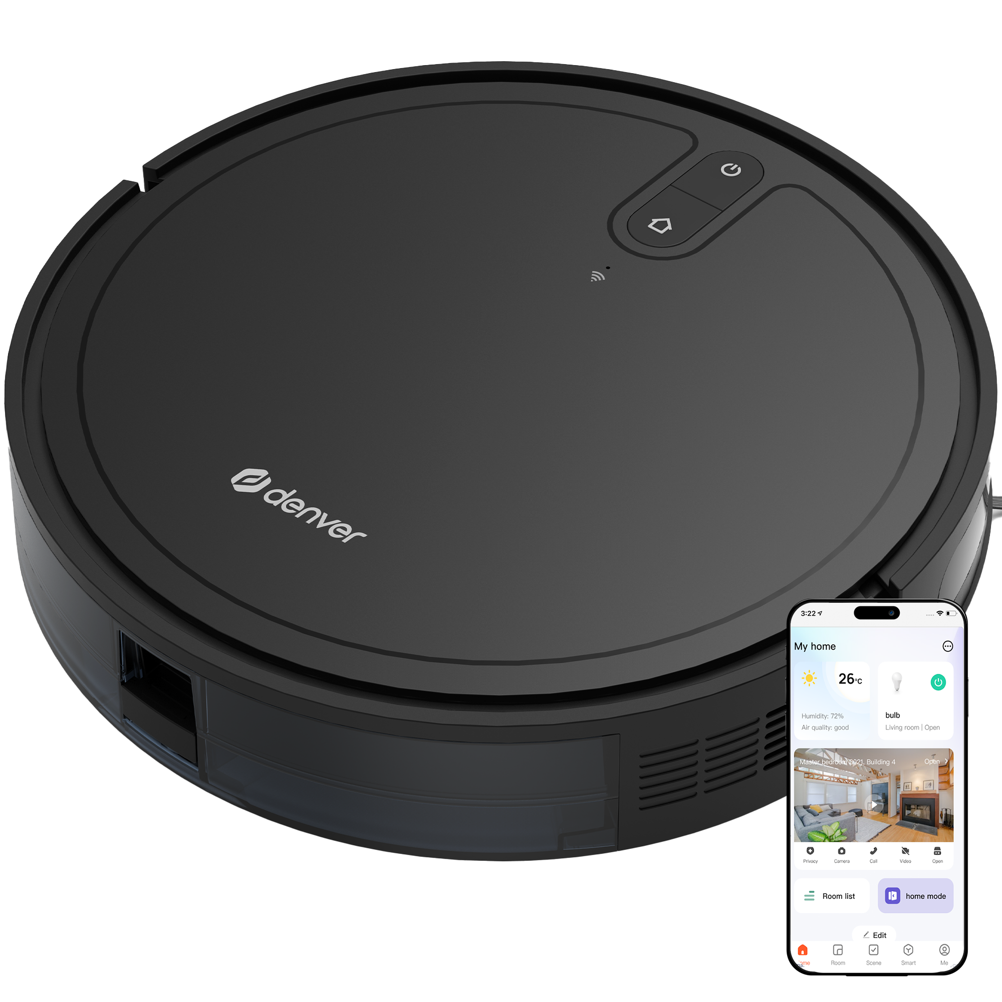Un aspirapolvere robotico Denver nero con uno smartphone che mostra le opzioni di controllo domestico. L'aspirapolvere ha i pulsanti di accensione e home.
