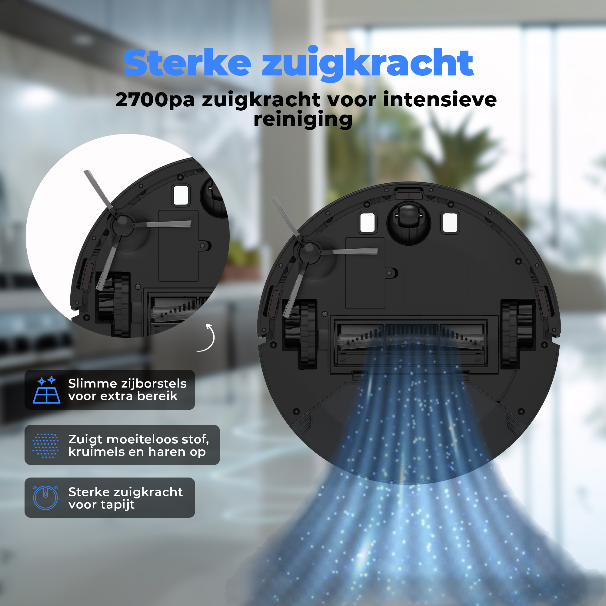 Un aspirapolvere robot nero con dettagli blu. Il testo descrive la potenza di aspirazione e funzioni come le spazzole laterali.