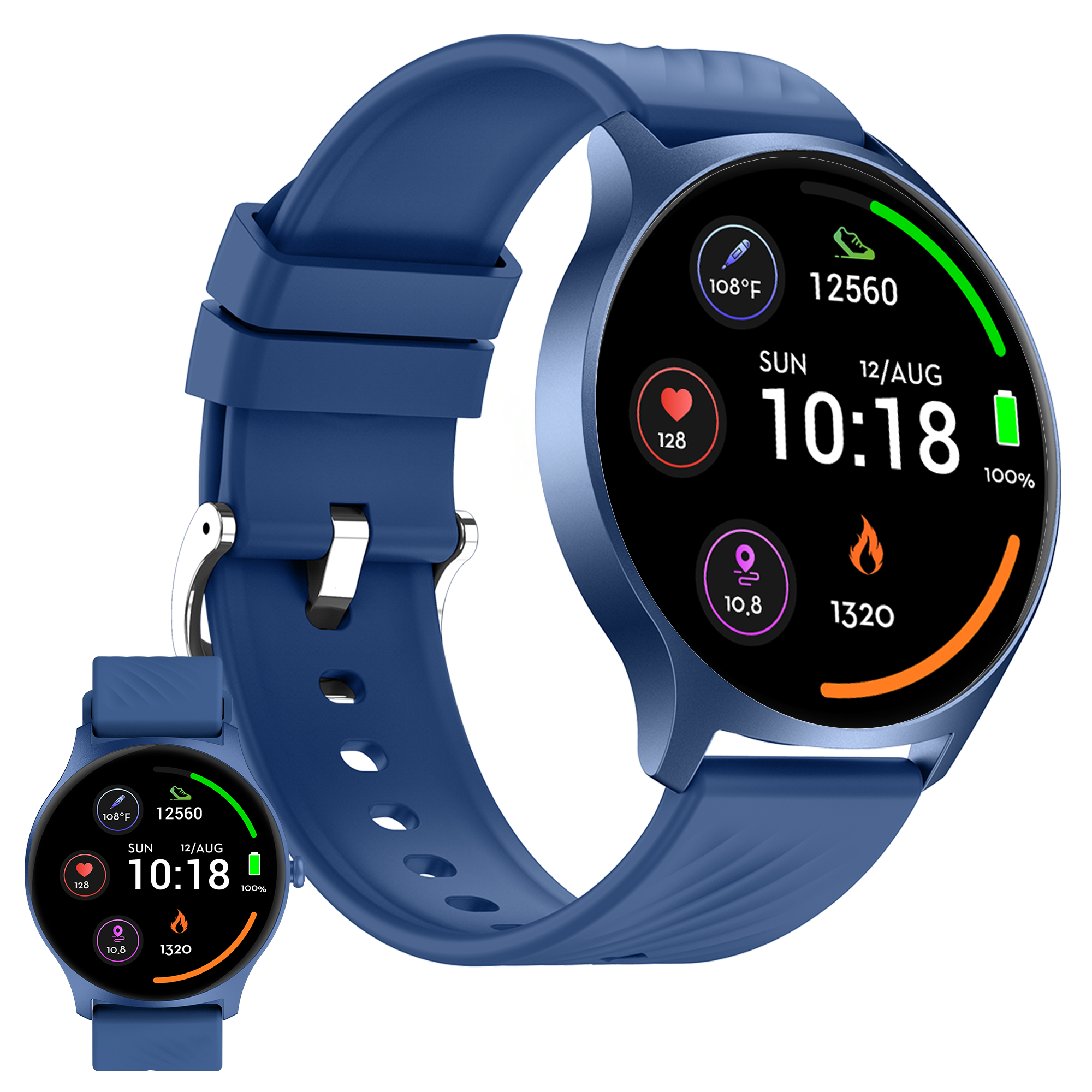 Uno smartwatch blu con quadrante rotondo mostra dati sanitari e ora. Una versione più piccola è in basso a sinistra.
