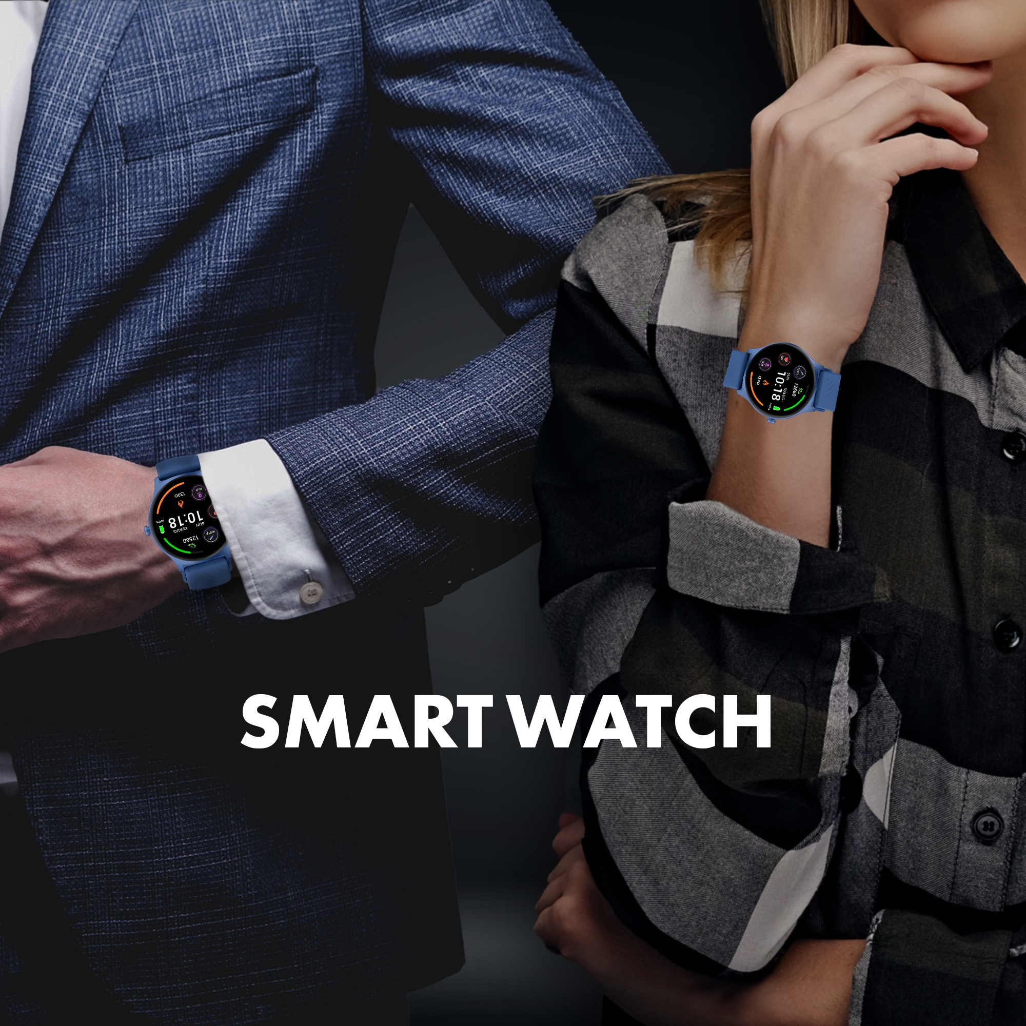 Due persone con smartwatch. Uno in abito blu, l'altro con camicia a quadri. L'ora visualizzata è 10:18.