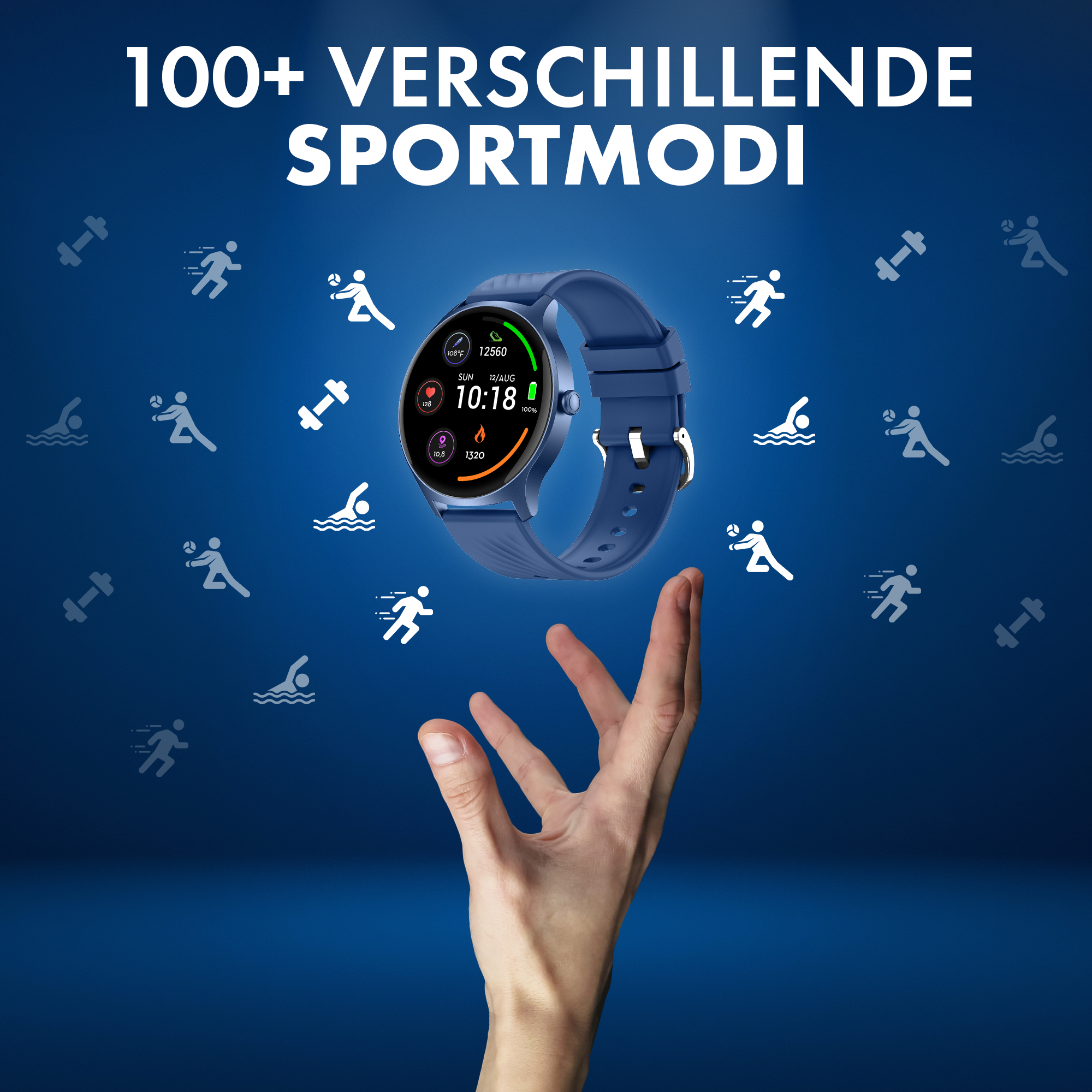 Uno smartwatch blu è tenuto da una mano. Icone sportive su sfondo blu. Testo: '100+ modalità sport'.