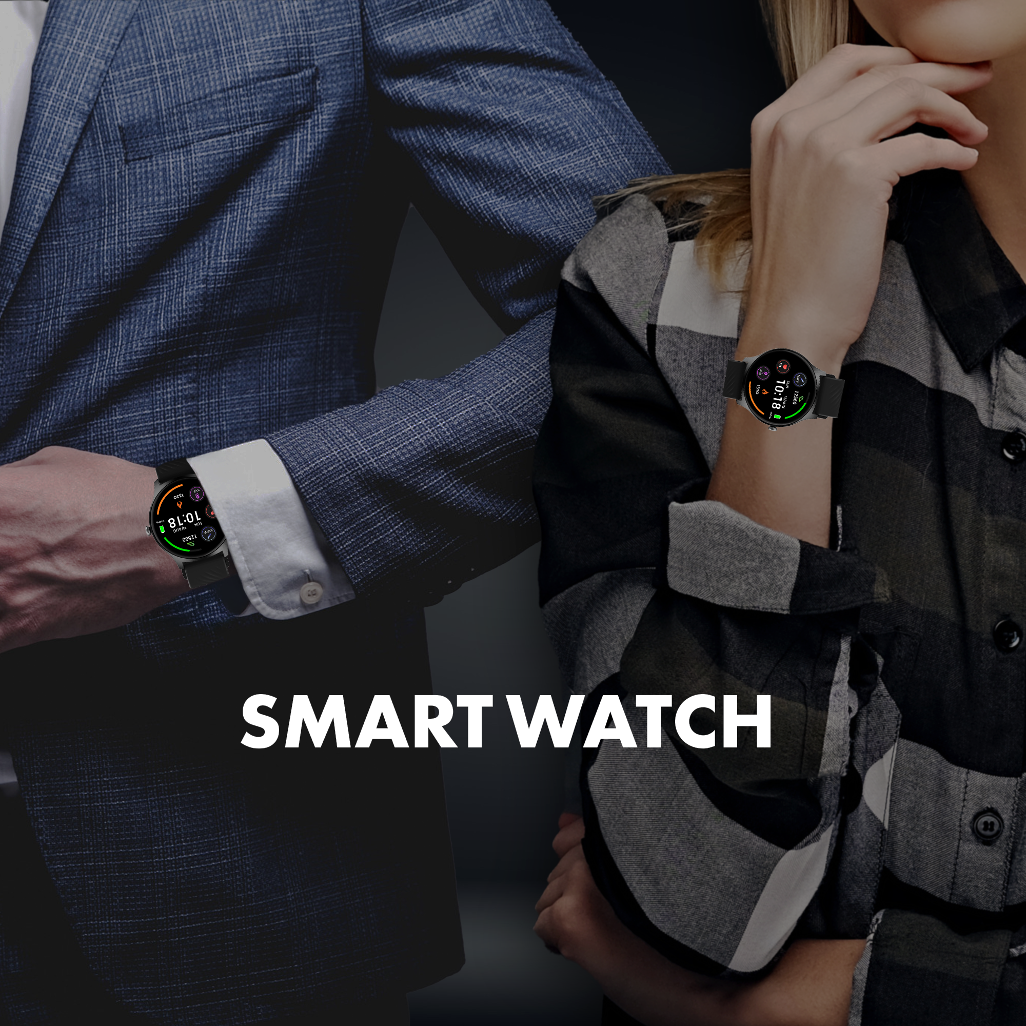 Zwei Personen tragen Smartwatches. Einer im Anzug, der andere im karierten Hemd. Text: 'SMART WATCH'.