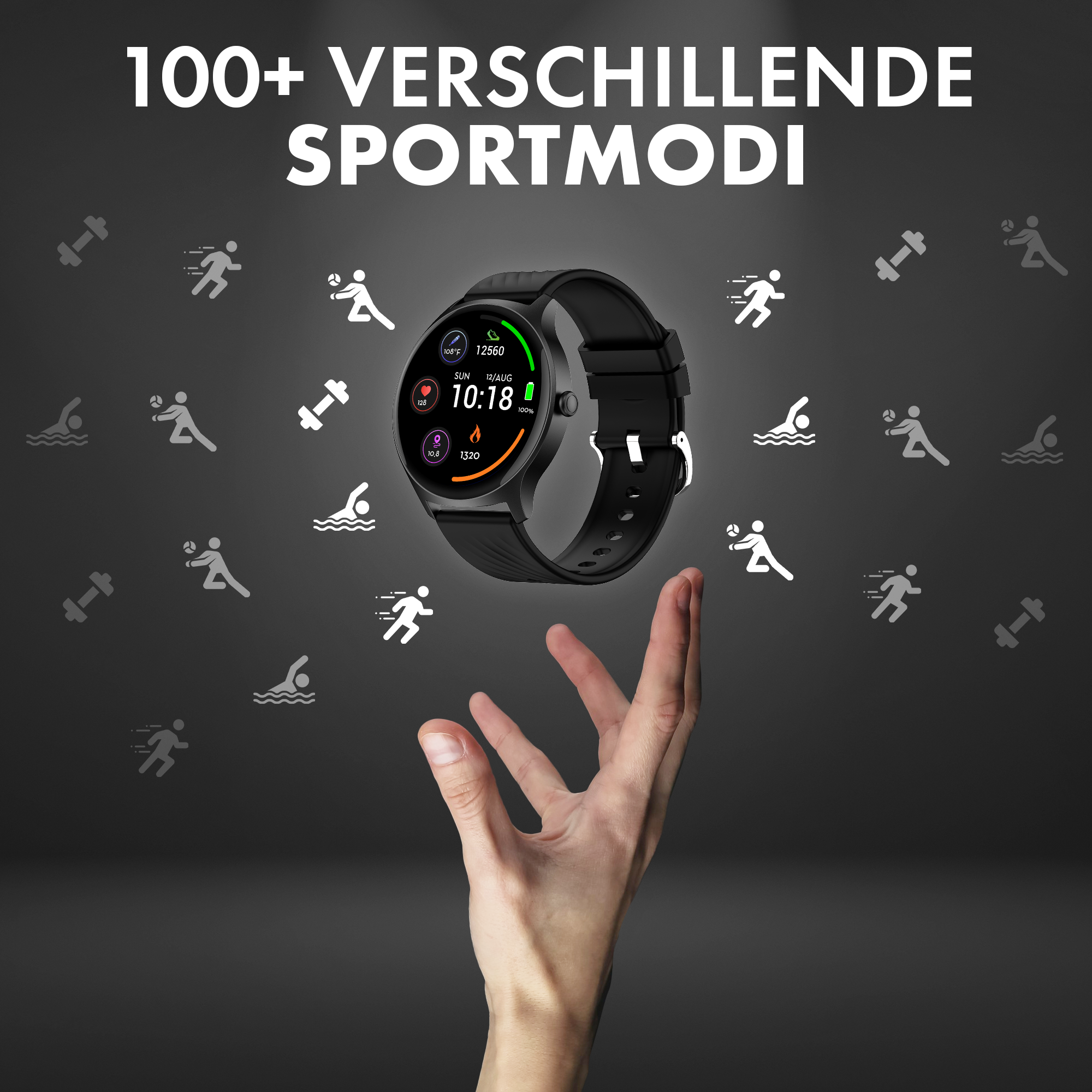Eine Hand hält eine schwarze Smartwatch. Die Uhr zeigt Daten an. Sport-Icons sind rundherum.