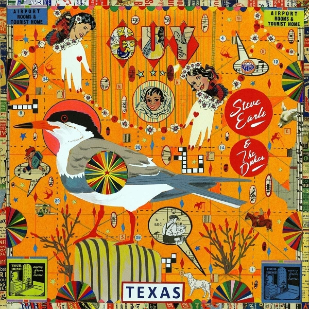 Collage con un uccello, donne e testo. Sfondo arancione con vari elementi e la parola TEXAS.