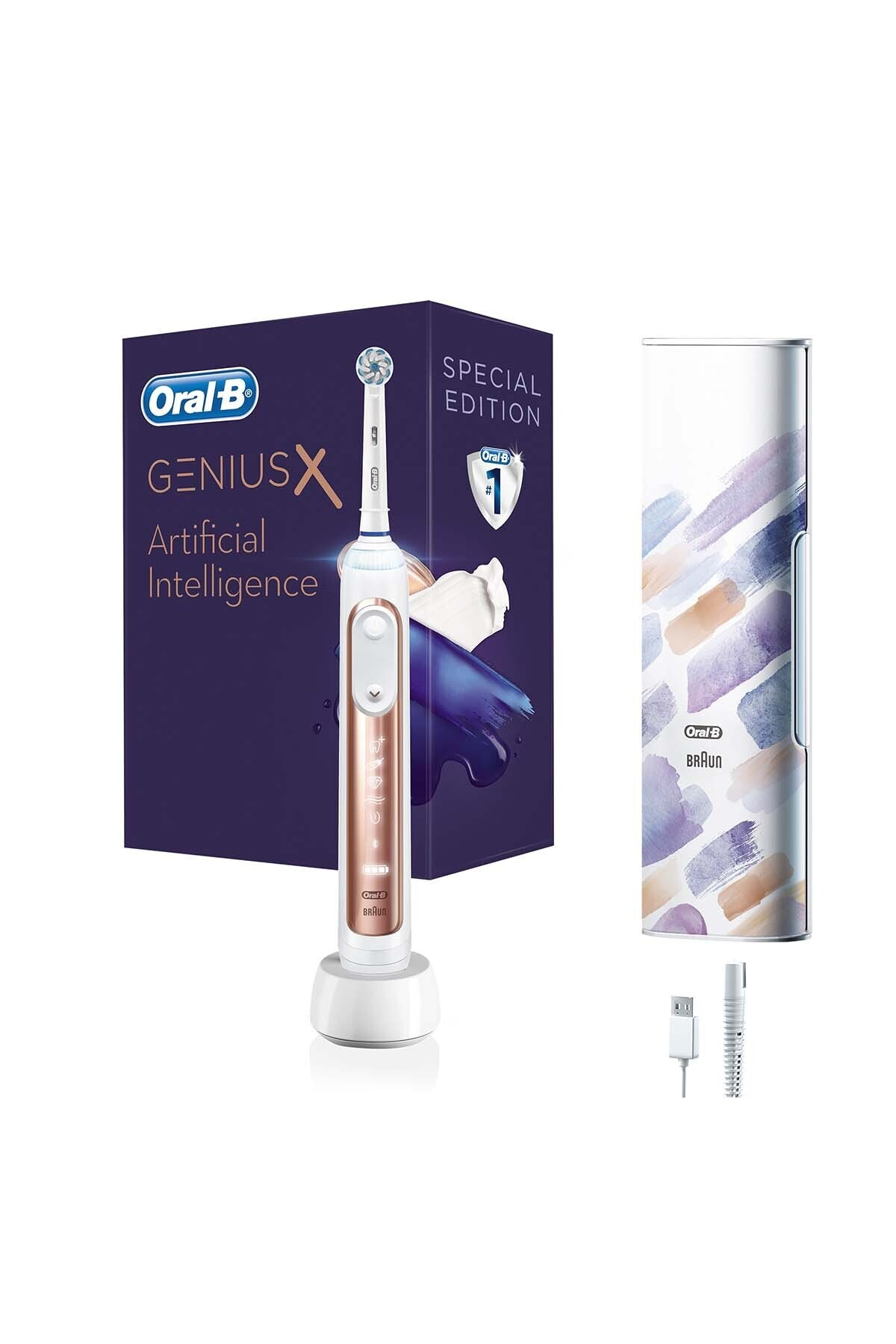 Oral-B Genius X diş fırçası ve ambalajı. Kutuda diş fırçası ve Genius X Artificial Intelligence yazıları bulunmaktadır.