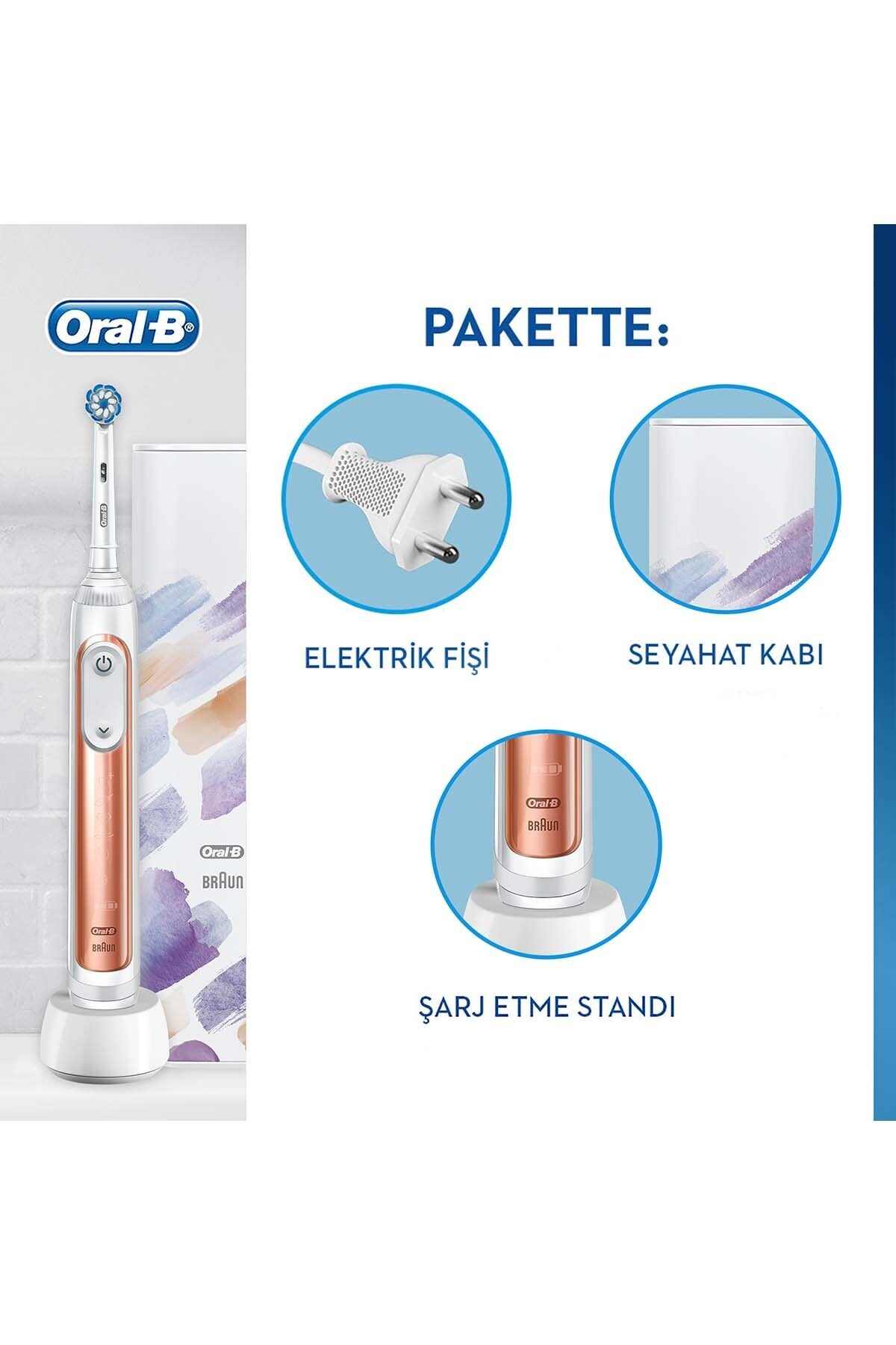 Şarj standı, seyahat çantası ve elektrik fişi bulunan bir Oral-B elektrikli diş fırçası. Kutuda 'Oral-B Braun' yazıyor.
