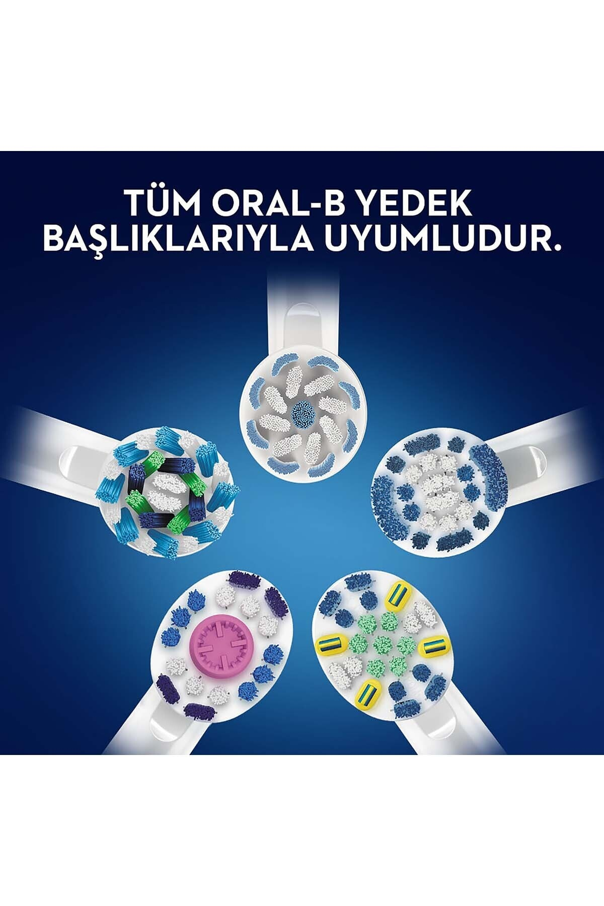 Mavi gradyan arka plan üzerinde çeşitli Oral-B diş fırçası başlıklarının yakın çekimi. Üstte metin: 'TÜM ORAL-B YEDEK BAŞLIKLARIYLA UYUMLUDUR.'