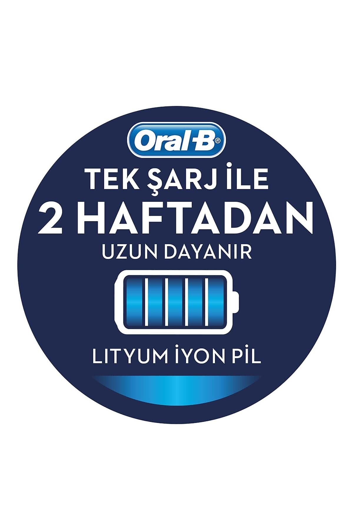 Beyaz metinli lacivert bir daire. 'Oral-B', 'Tek Şarj Ile 2 Haftadan Uzun Dayanır' ve 'Lityum İyon Pil' yazıyor ve bir pil simgesi var.