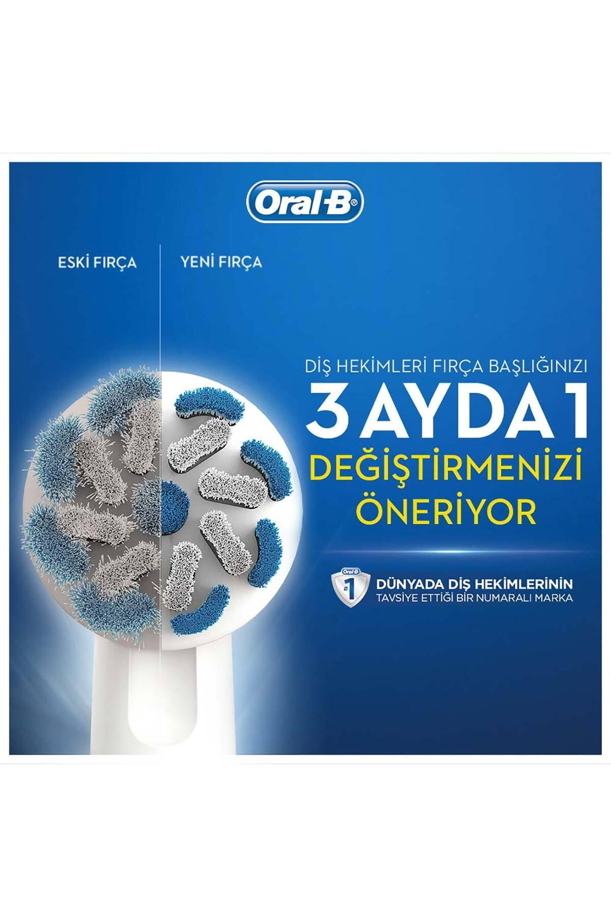 Oral-B reklamı eski ve yeni bir diş fırçası başlığı gösteriyor. Metin, başlığı her 3 ayda bir değiştirmenizi öneriyor. Diş hekimlerinin 1 numaralı tavsiye ettiği marka.