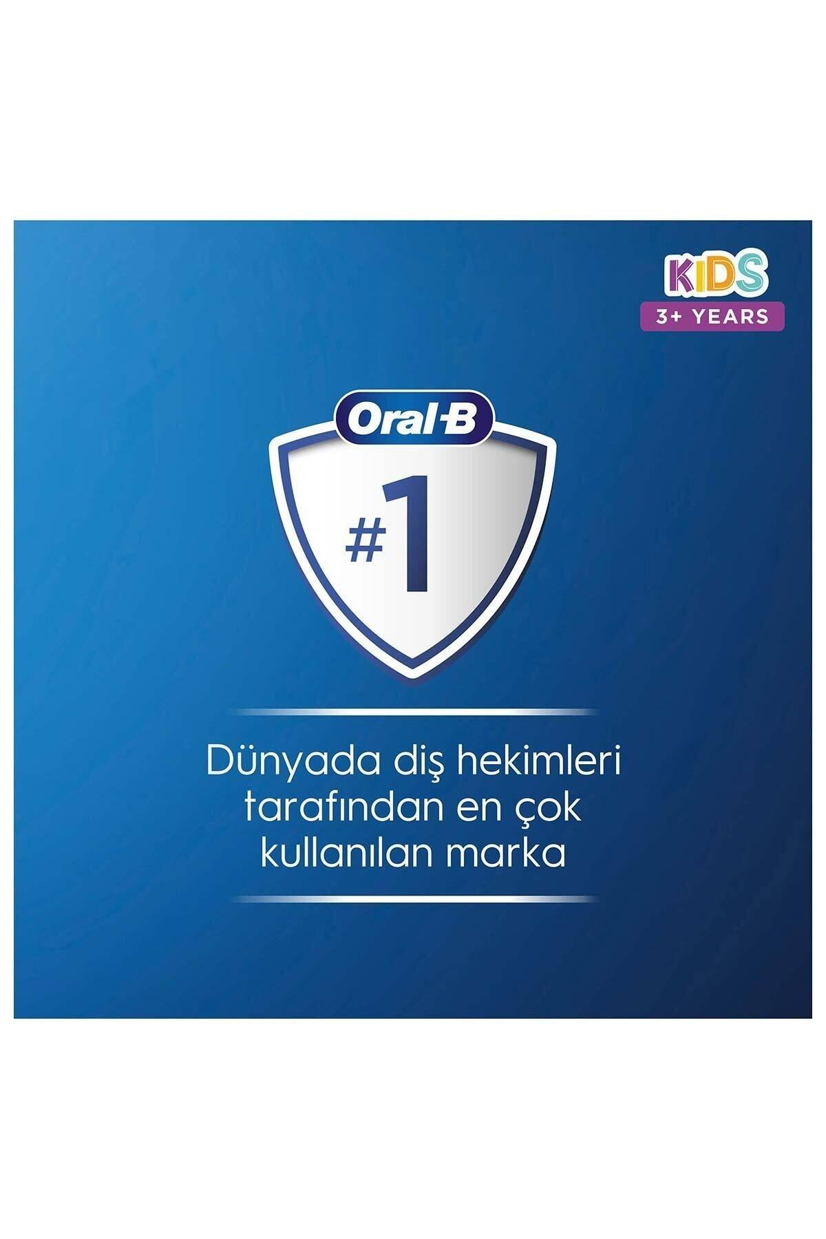 Oral-B Kids diş macunu reklamı. Oral-B logosu, kalkan şeklinde, 1 numarası ve 'Dünyada diş hekimleri tarafından en çok kullanılan marka' metni.