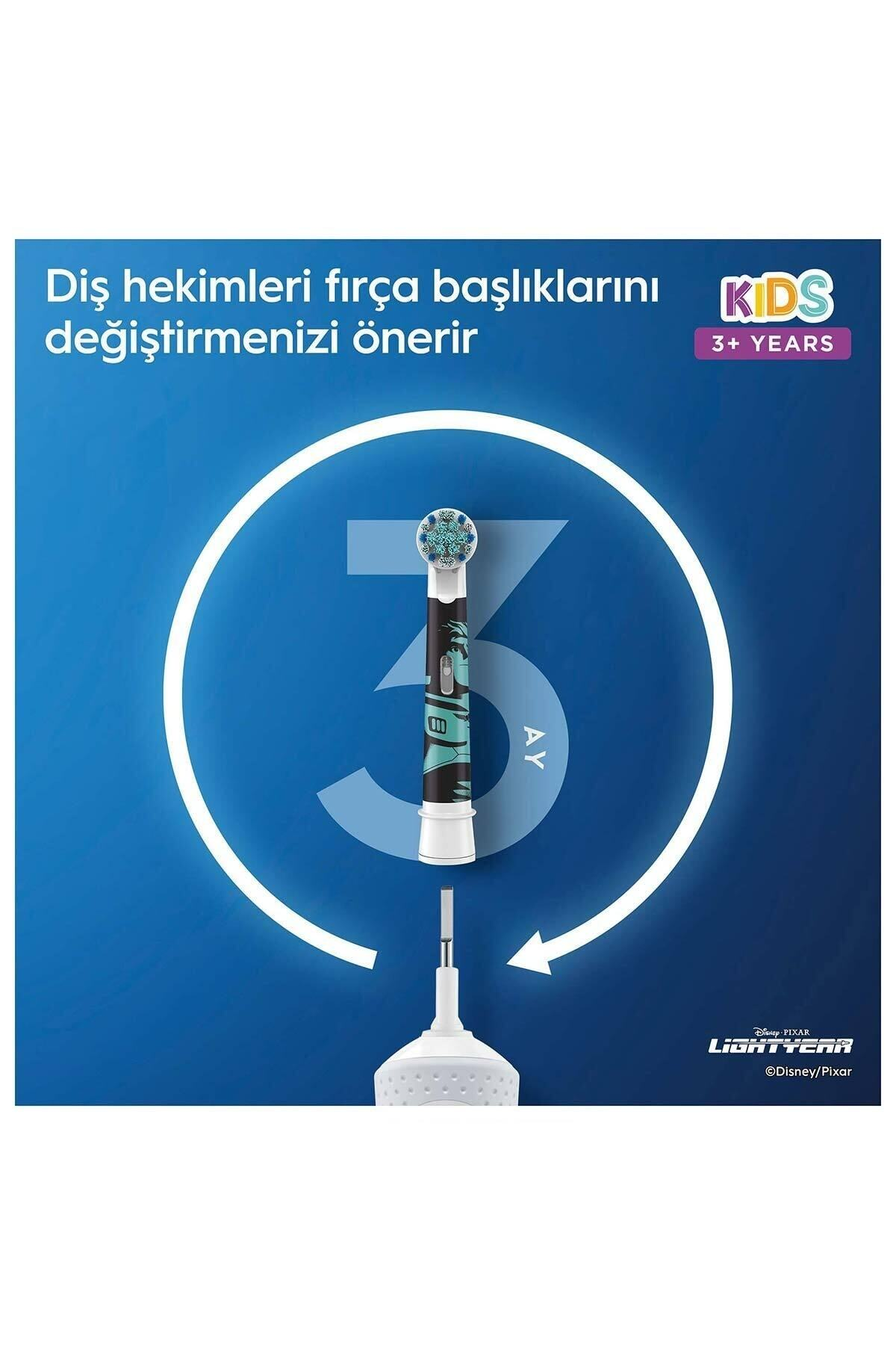 Lightyear tasarımlı bir elektrikli diş fırçası. Fırça başlığının 3 ayda bir değiştirilmesi önerilir. Görüntü bunu gösteriyor.
