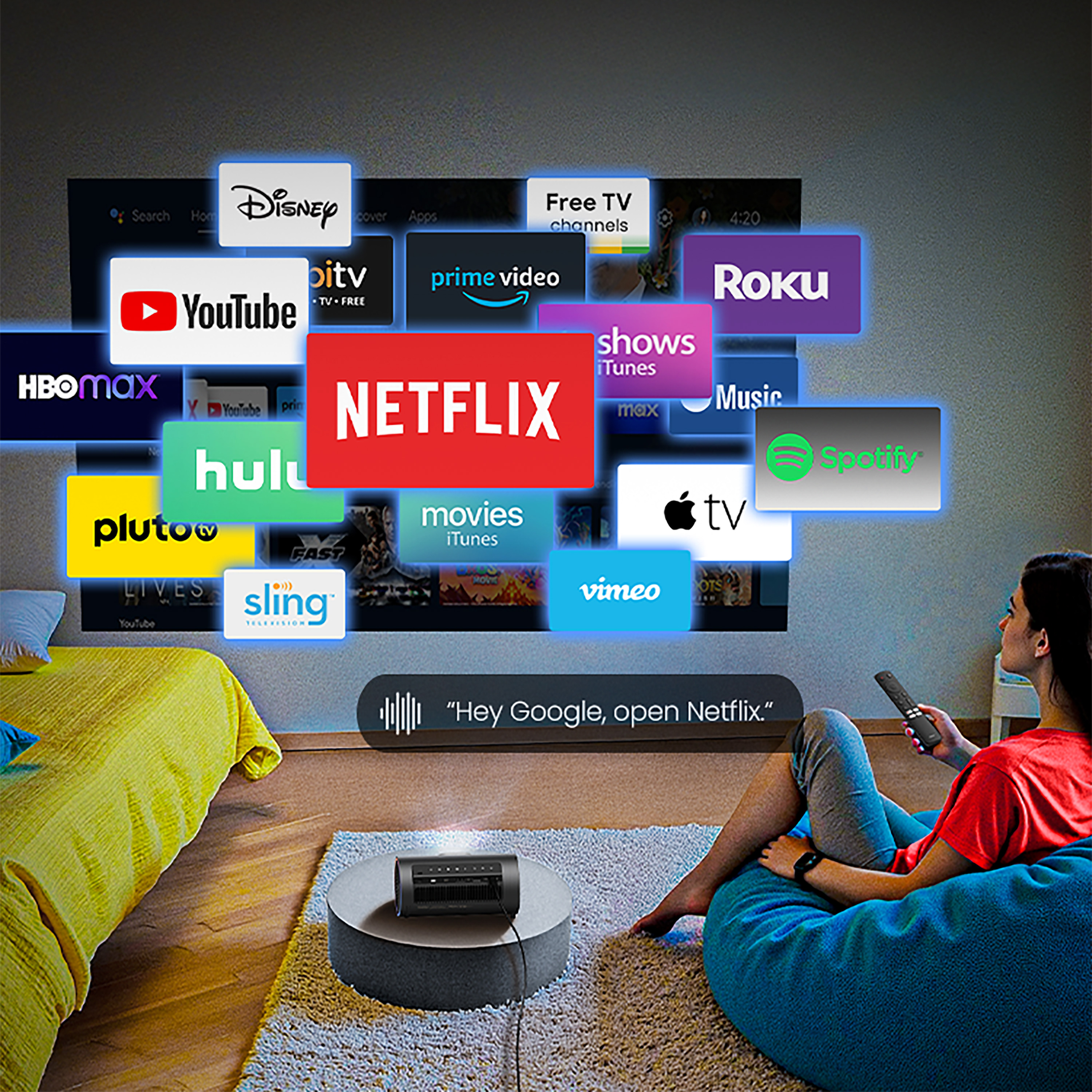 Kobieta z pilotem ogląda serwisy streamingowe. Netflix jest widoczny. Projektor stoi na okrągłym stole.