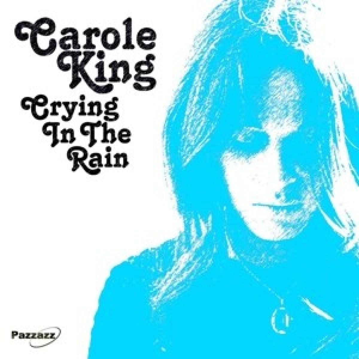 Albumhoes. Carole King, gezicht in blauw, titel "Crying in the Rain". Witte achtergrond, Pazzazz logo.