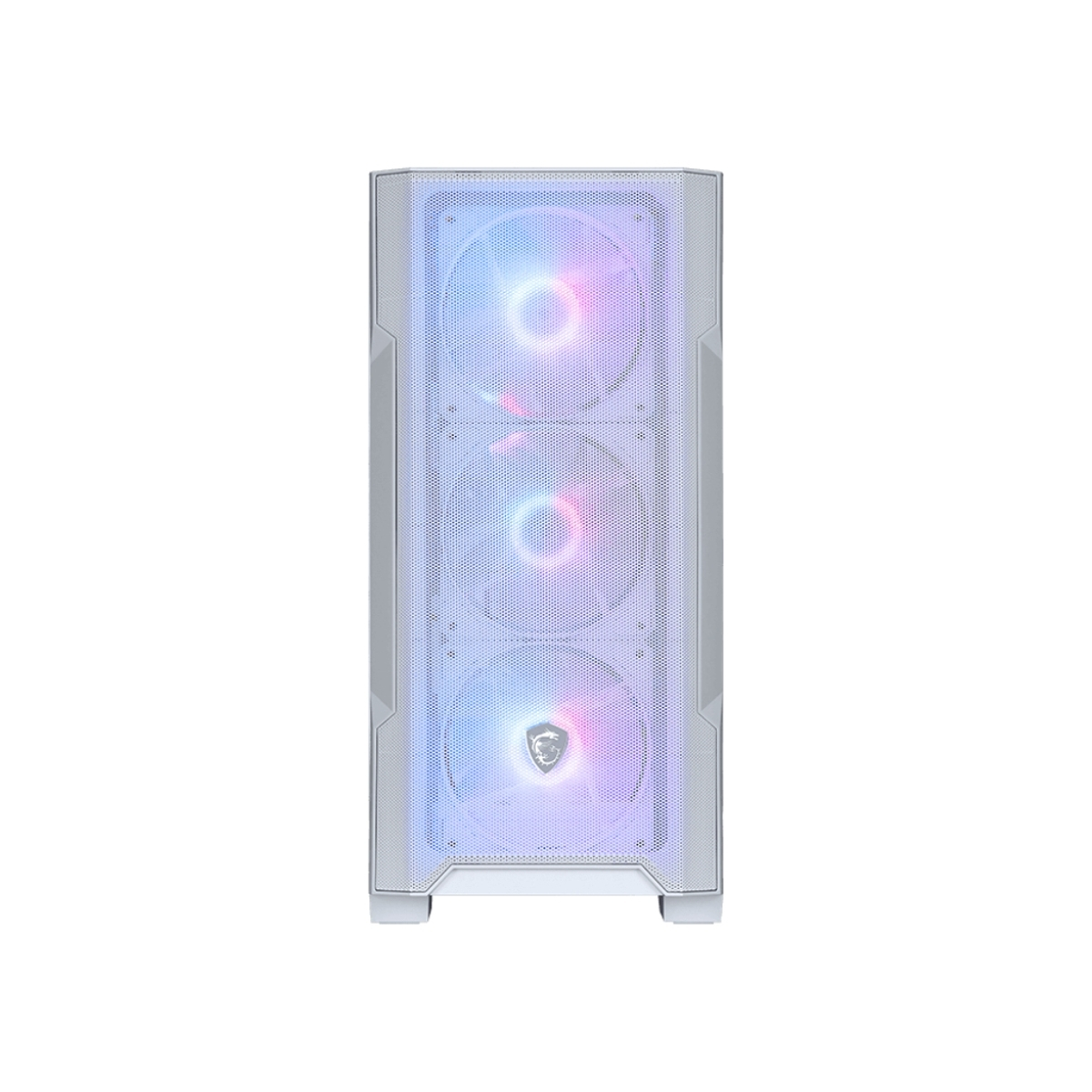 Biała obudowa komputera z trzema podświetlanymi wentylatorami. Wentylatory wyświetlają schemat kolorów tęczy. Obudowa ma siatkowy przód.