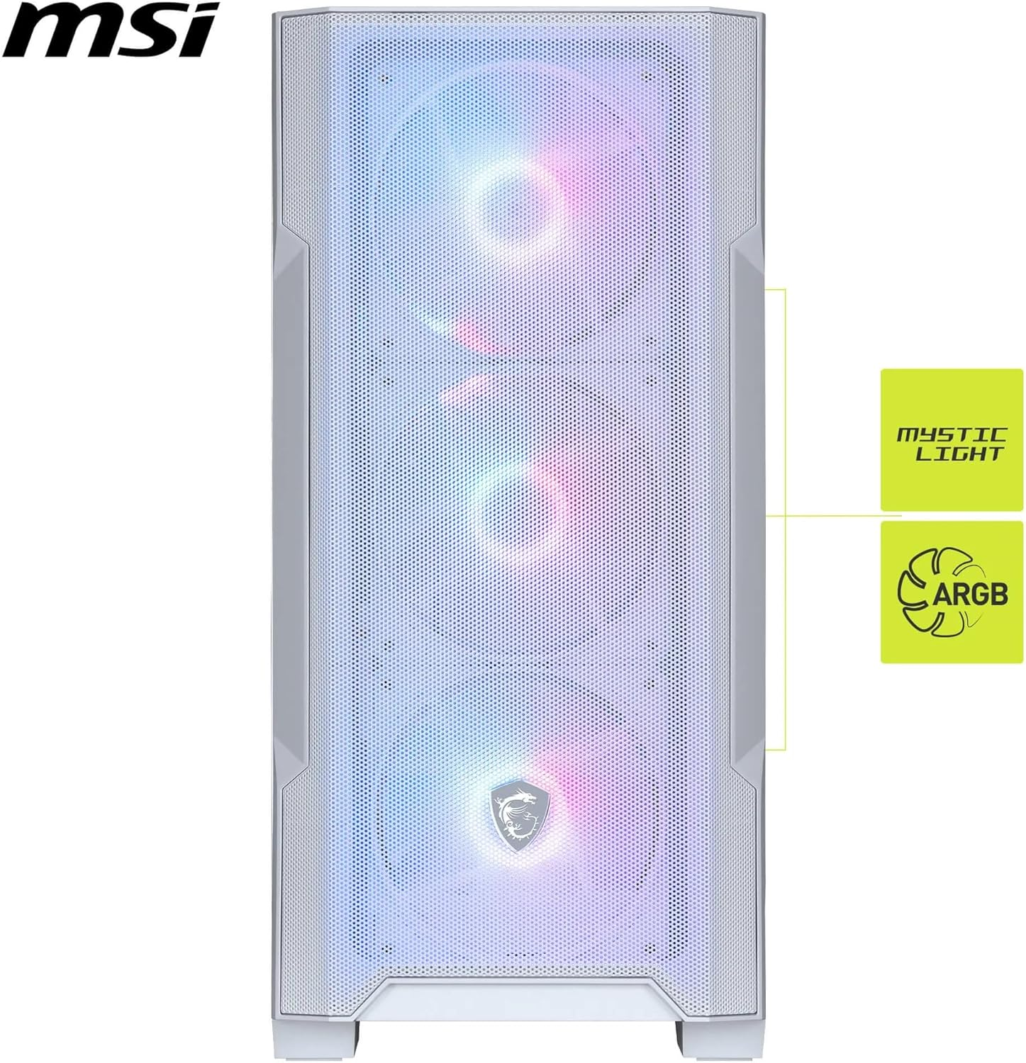 Biała obudowa komputera MSI z oświetleniem ARGB i funkcjami Mystic Light. Obudowa ma przedni panel z siatki z trzema podświetlonymi okręgami.