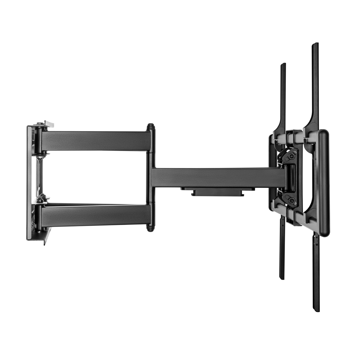 Un soporte de pared para TV negro y articulado. Tiene múltiples articulaciones y brazos que se extienden horizontal y verticalmente, sobre fondo blanco.