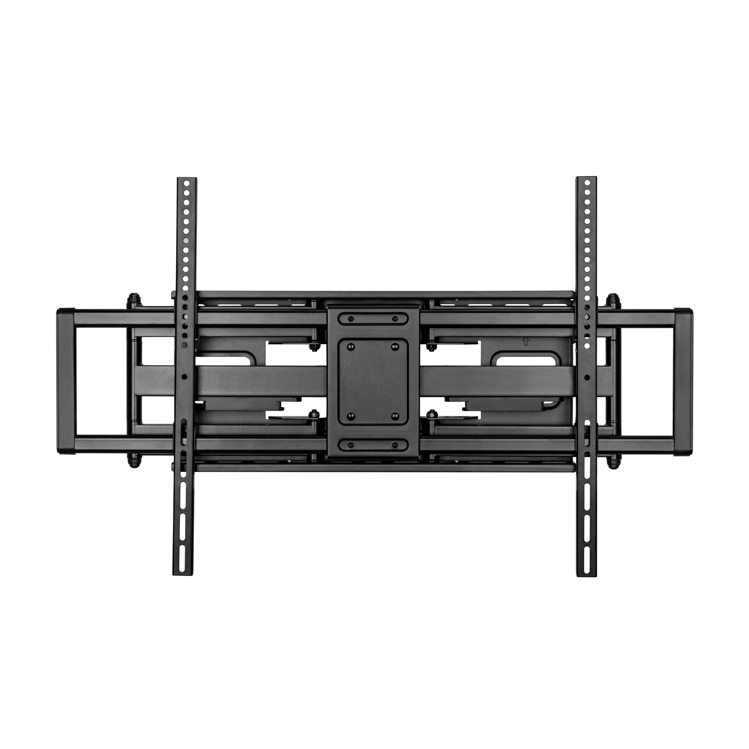 Un soporte de pared para TV negro, sobre un fondo blanco. Tiene varias piezas metálicas con agujeros para tornillos, listo para montar un televisor.