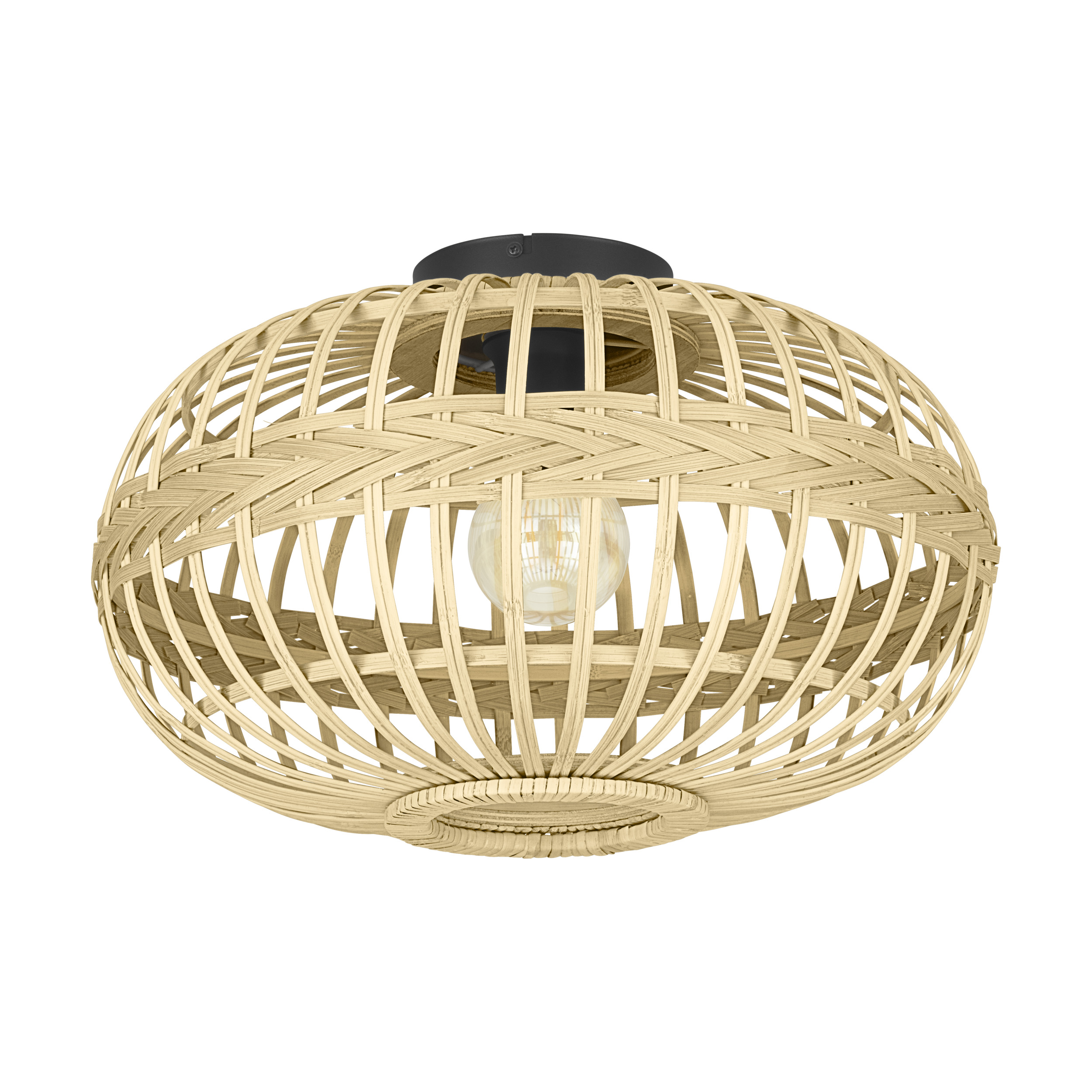 Una lampada a sospensione intrecciata, color beige. Ha una forma rotonda, con una lampadina all'interno, su sfondo bianco.
