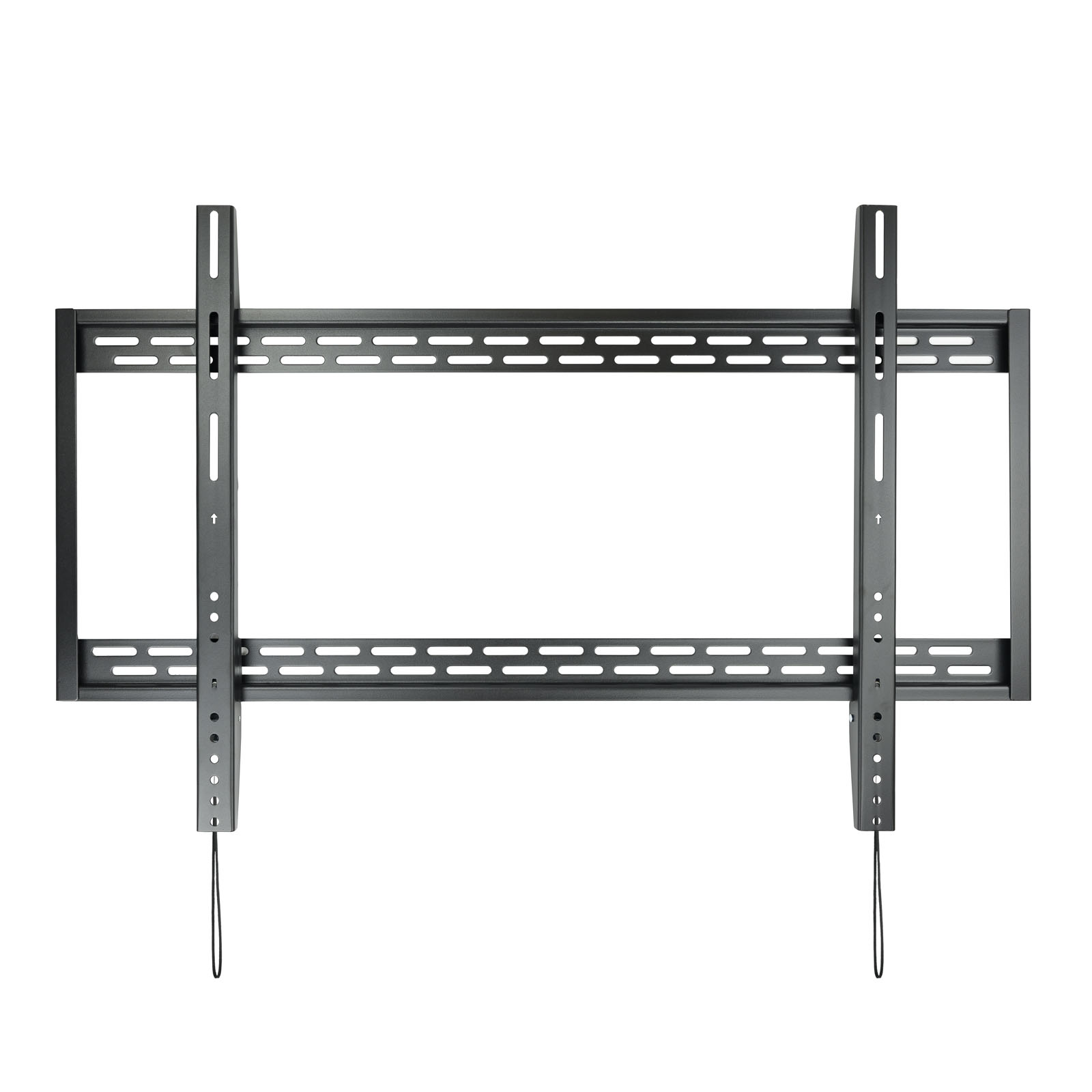 Un soporte de pared para TV negro sobre fondo blanco. Tiene barras metálicas verticales y horizontales con agujeros y cuerdas.