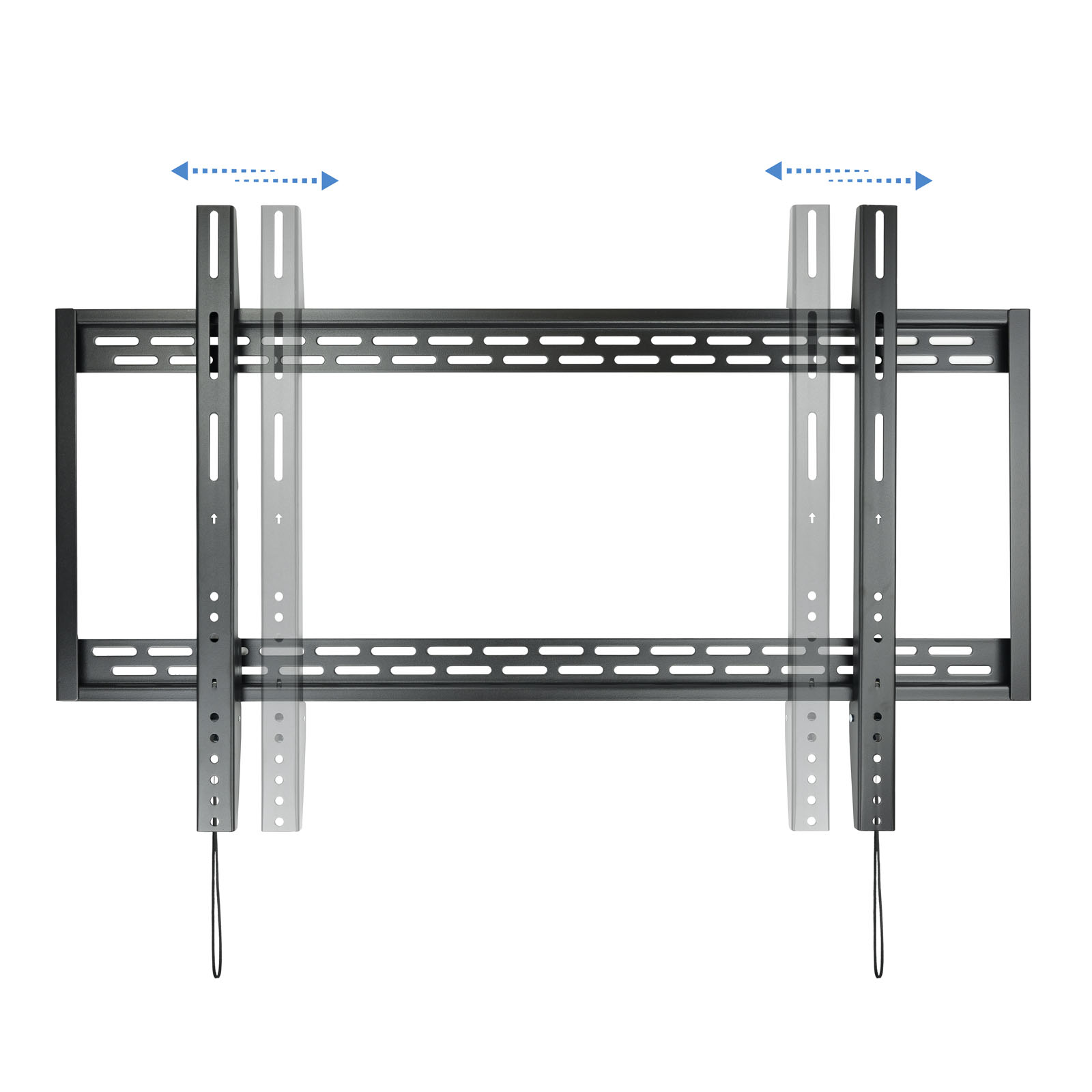 Soporte de TV negro con brazos verticales ajustables y soporte horizontal. Flechas indican movimiento.