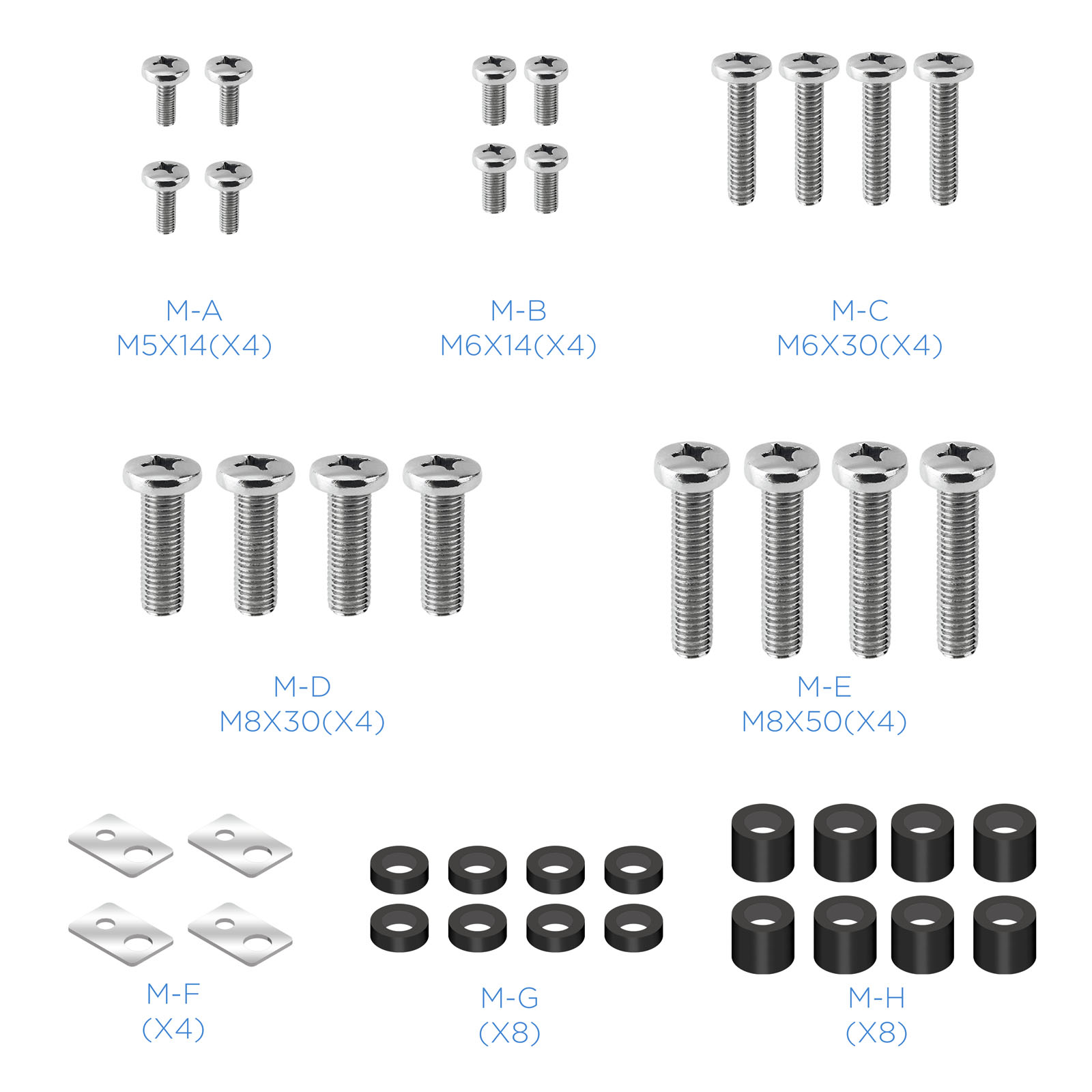 La imagen muestra varios tornillos, arandelas y espaciadores etiquetados de la A a la H. Son de metal, con descripciones como M5X14, M6X14, etc.