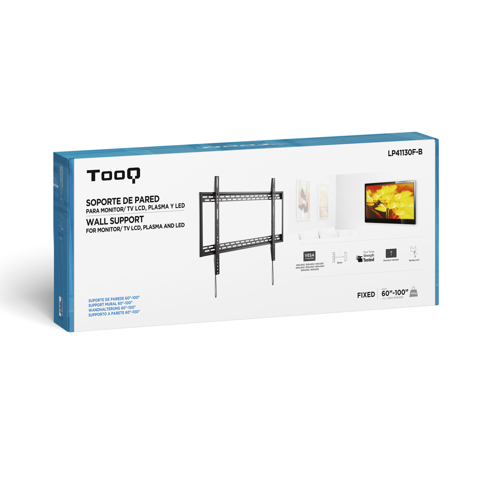 Caja con un soporte de pared para televisores. Muestra el producto, un televisor en la pared y especificaciones técnicas.