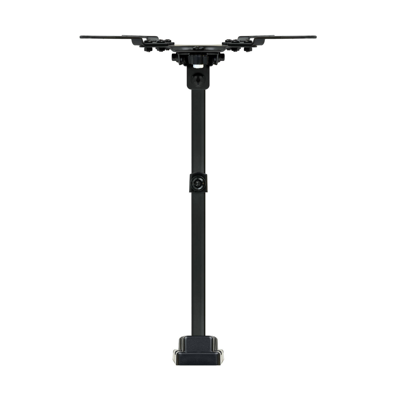 Soporte metálico negro con cuatro brazos en la parte superior. Tiene un poste vertical y una base cuadrada. Todo sobre fondo blanco.