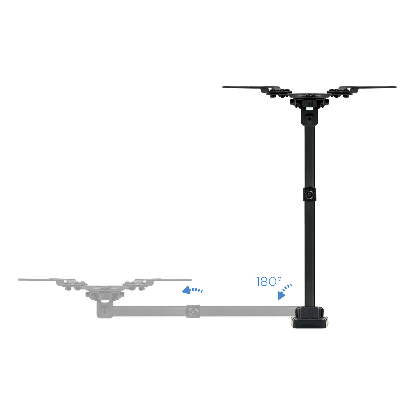 Soporte de pared para TV negro ajustable. Tiene un poste vertical central con dos brazos horizontales. Un brazo está extendido.