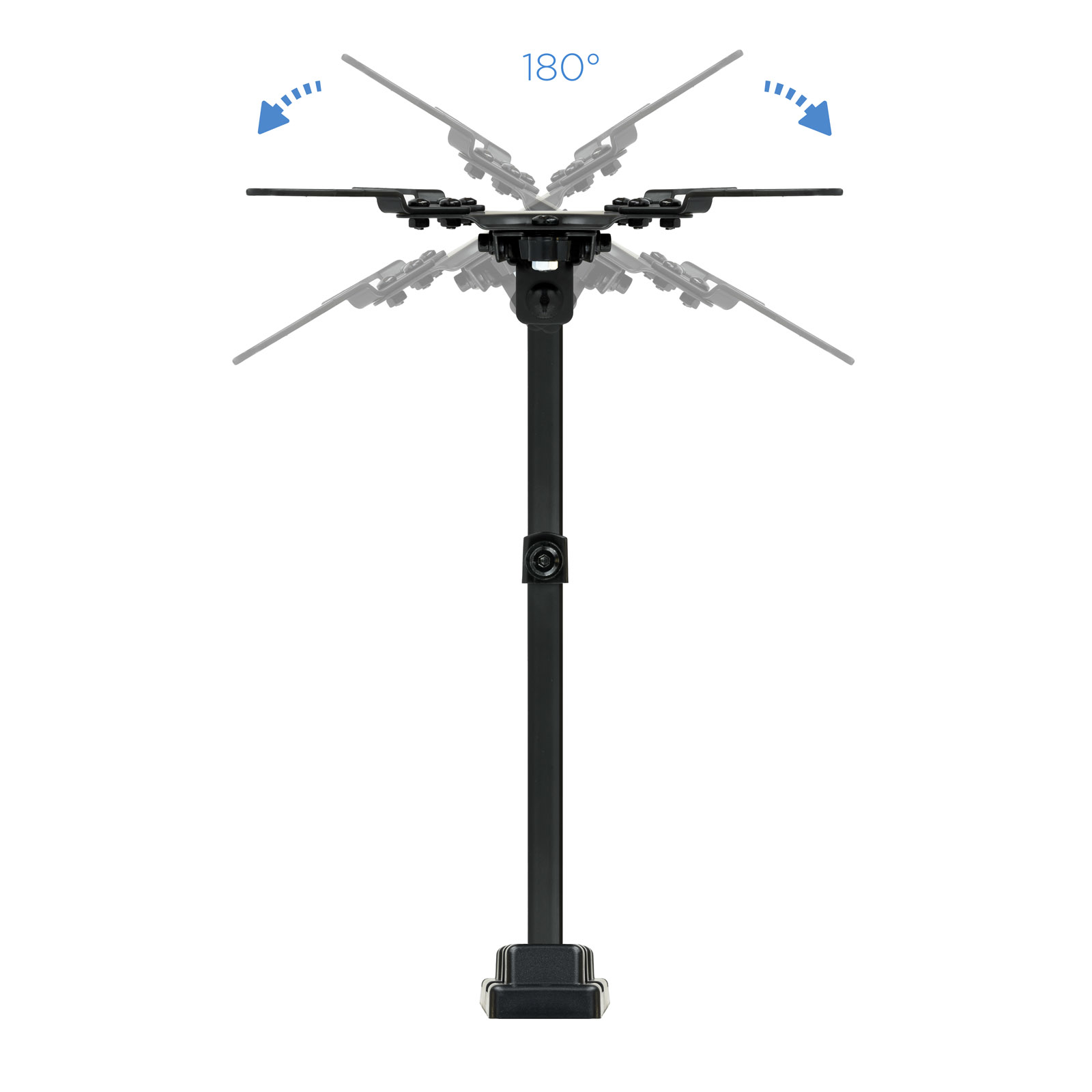Soporte negro ajustable con brazos horizontales, mostrado en múltiples ángulos. Flechas indican una rotación de 180 grados.